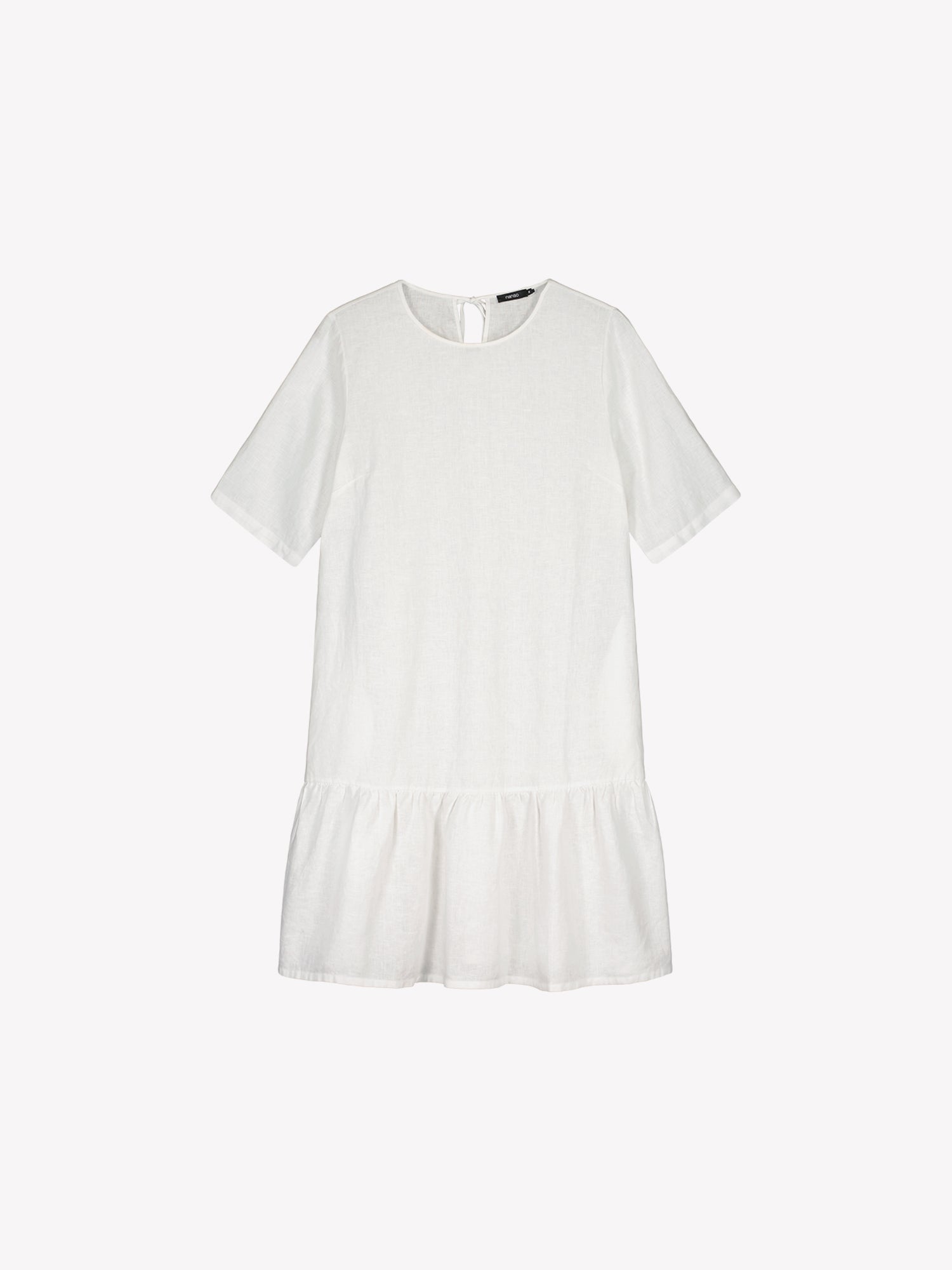 Nanso women's white relaxed Liisu linen dress with half-length sleeves features a generously ruffled hem in a product picture