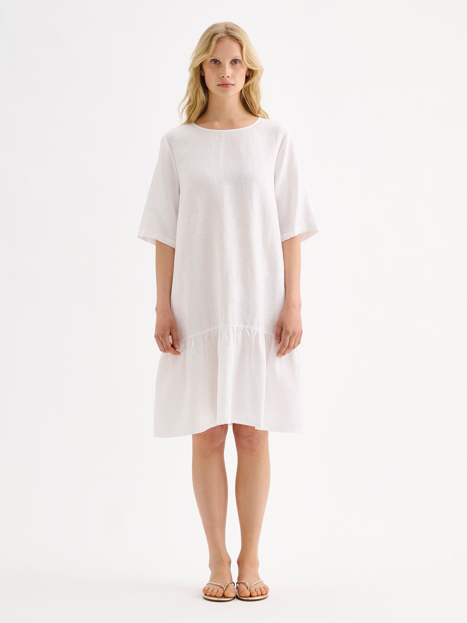 LIISU Short Linen Dress with a Ruffle Hem - White | Nanso LIISU Short Linen Dress with a Ruffle Hem - White | Nanso