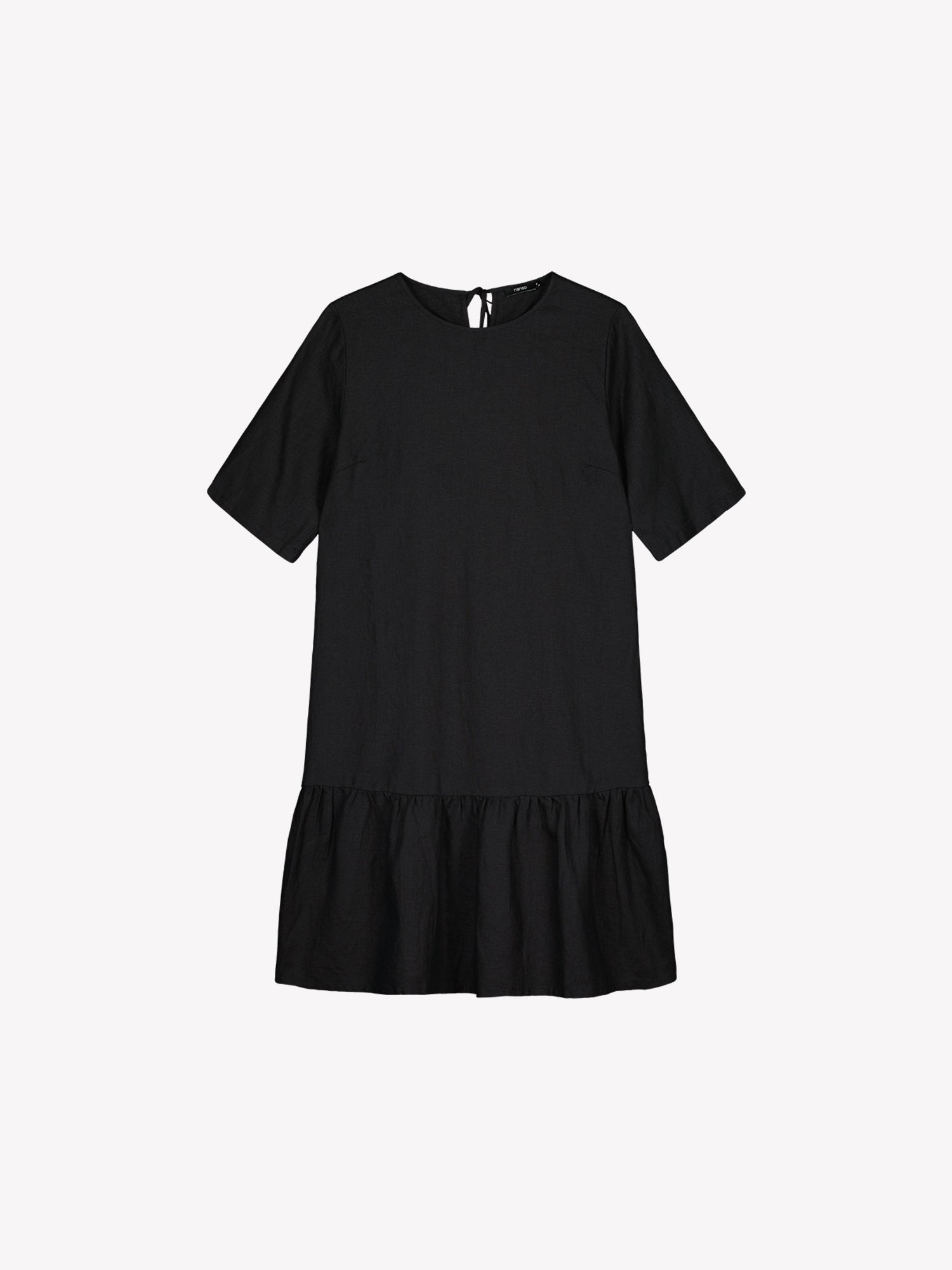 Nanso women's black relaxed Liisu linen dress with half-length sleeves features a generously ruffled hem, in a product picture