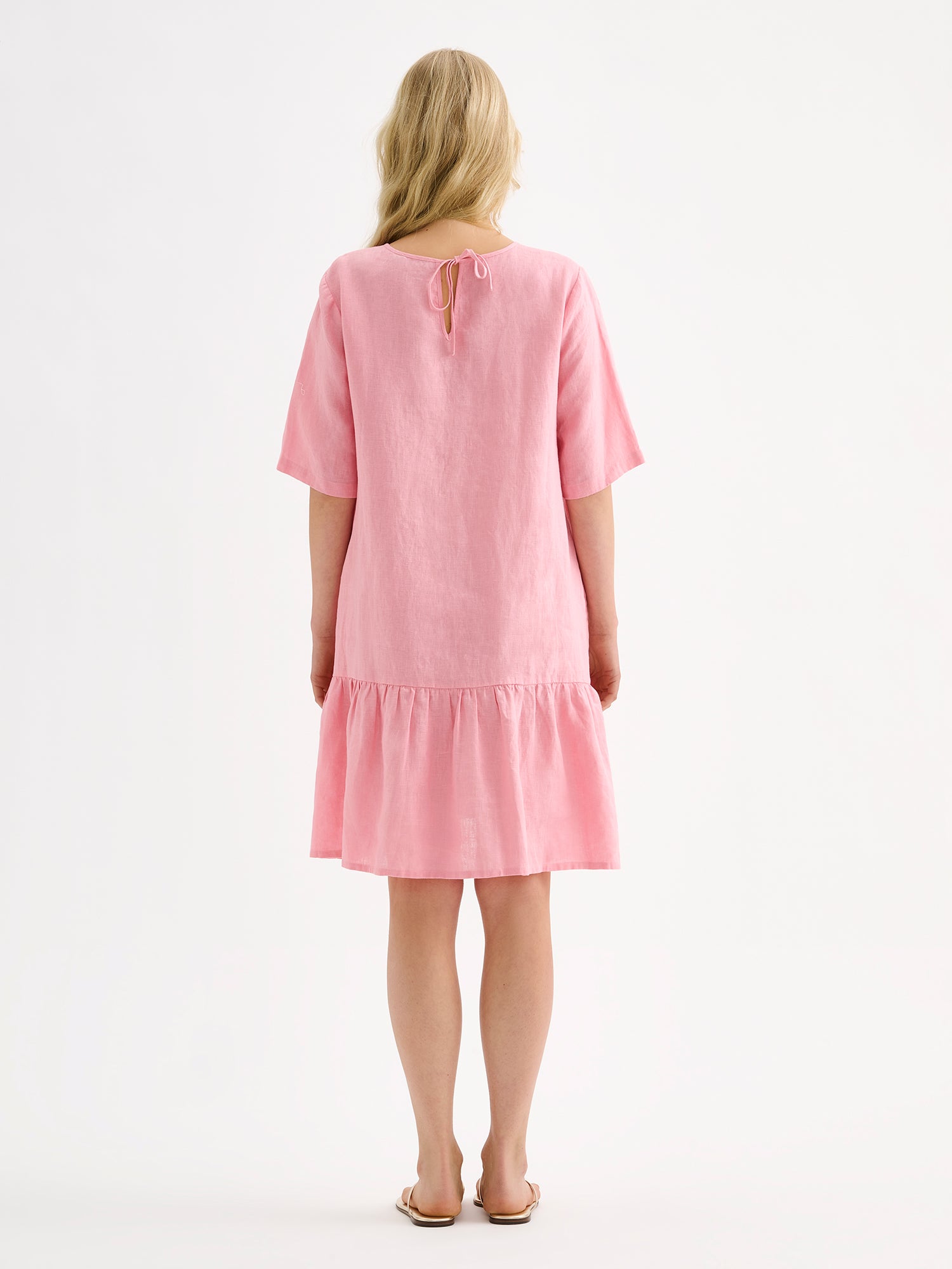 LIISU Short Linen Dress with a Ruffle Hem - Light Pink