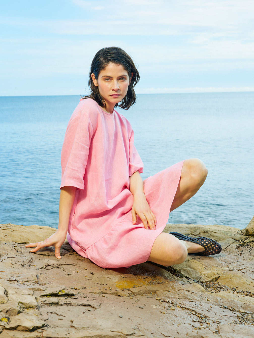 LIISU Short Linen Dress with a Ruffle Hem - Light Pink | Nanso LIISU Short Linen Dress with a Ruffle Hem - Light Pink | Nanso