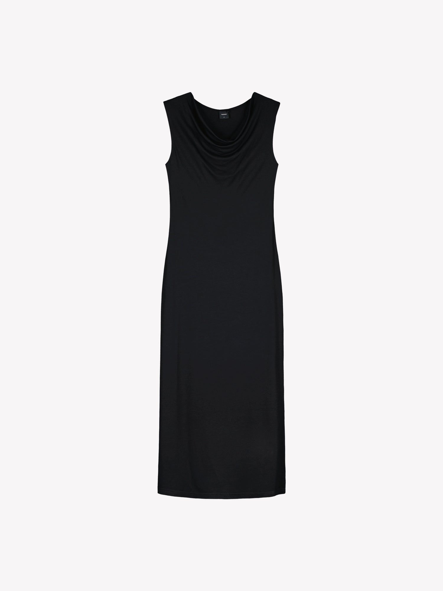 Nanso women's timeless Vivian black dress combines effortless style and comfort. This sleeveless maxi dress features an elegant draped neckline and a subtle side slit. In a product picture.