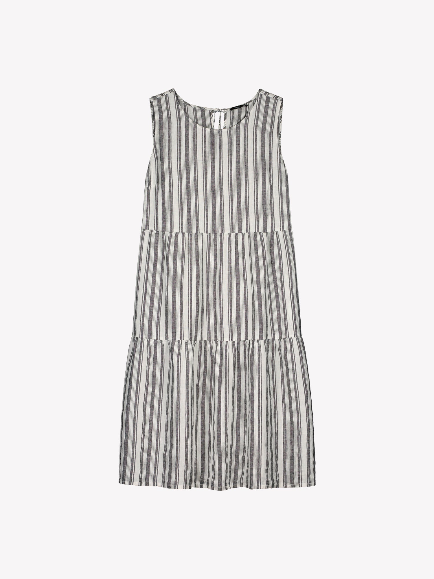 Nanso women's beautifully striped Regatta linen dress with voluminous frill layers is timeless and effortlessly elegant, in a product picture