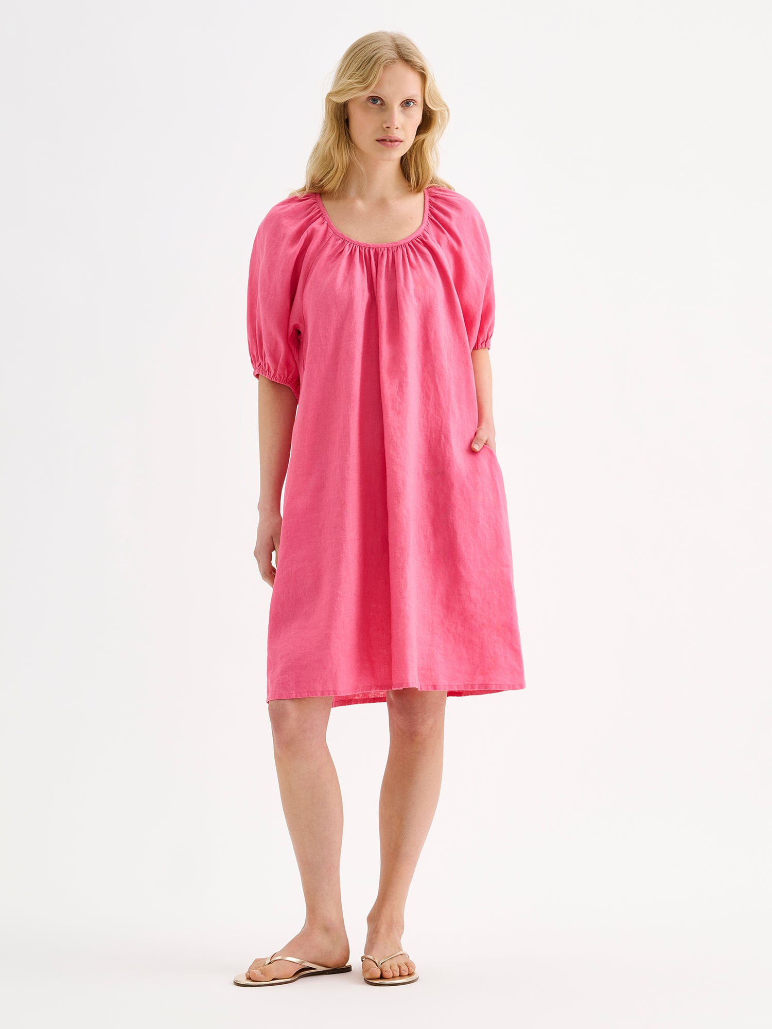 DONNA Short Linen Dress with a Bow Detail - Light Blue