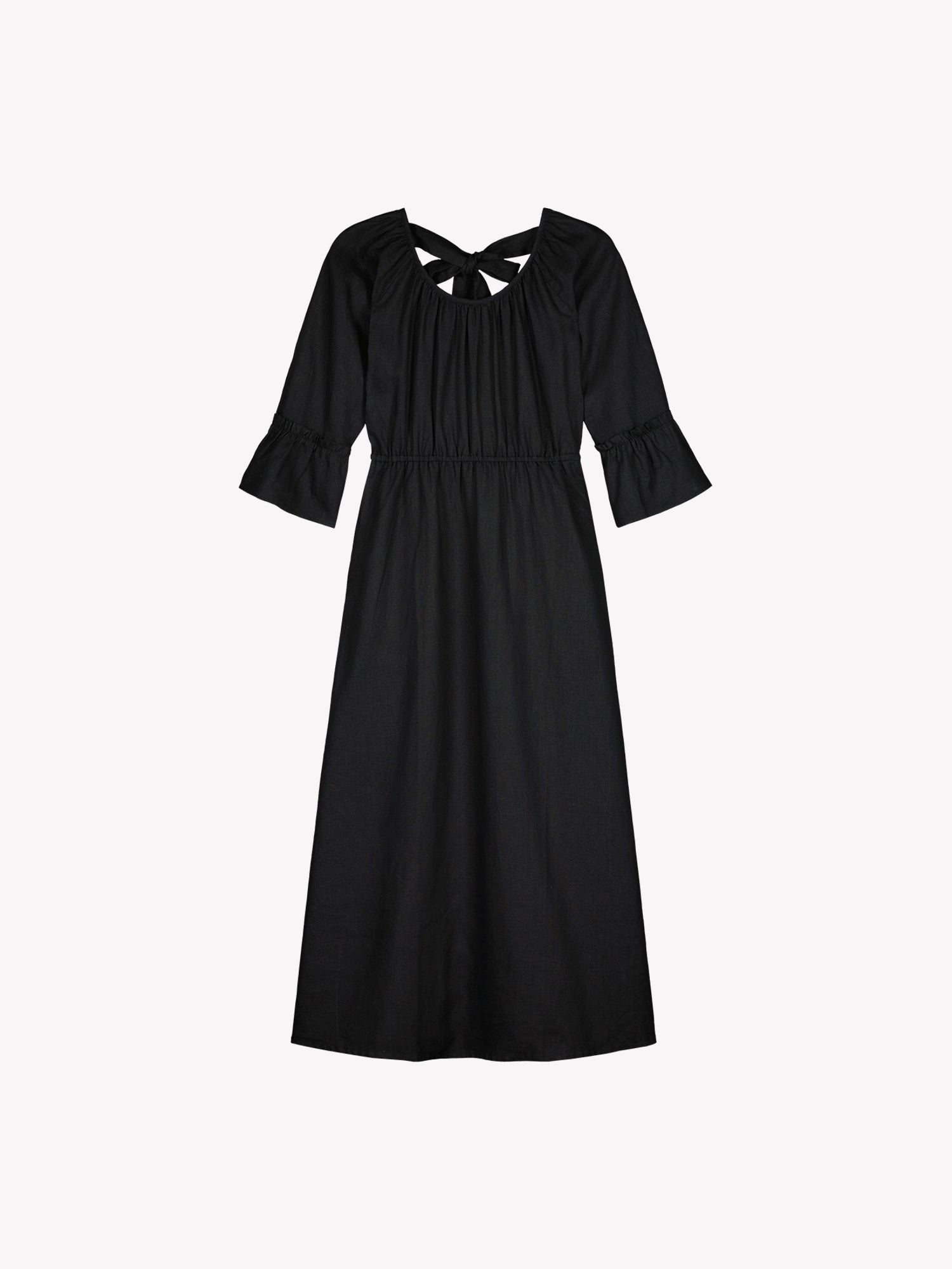 Nanso women's black  Donna midi linen dress combines effortless elegance with feminine details. This airy midi-length style features an open, softly gathered back neckline with a striking self-tie bow. In a product picture.