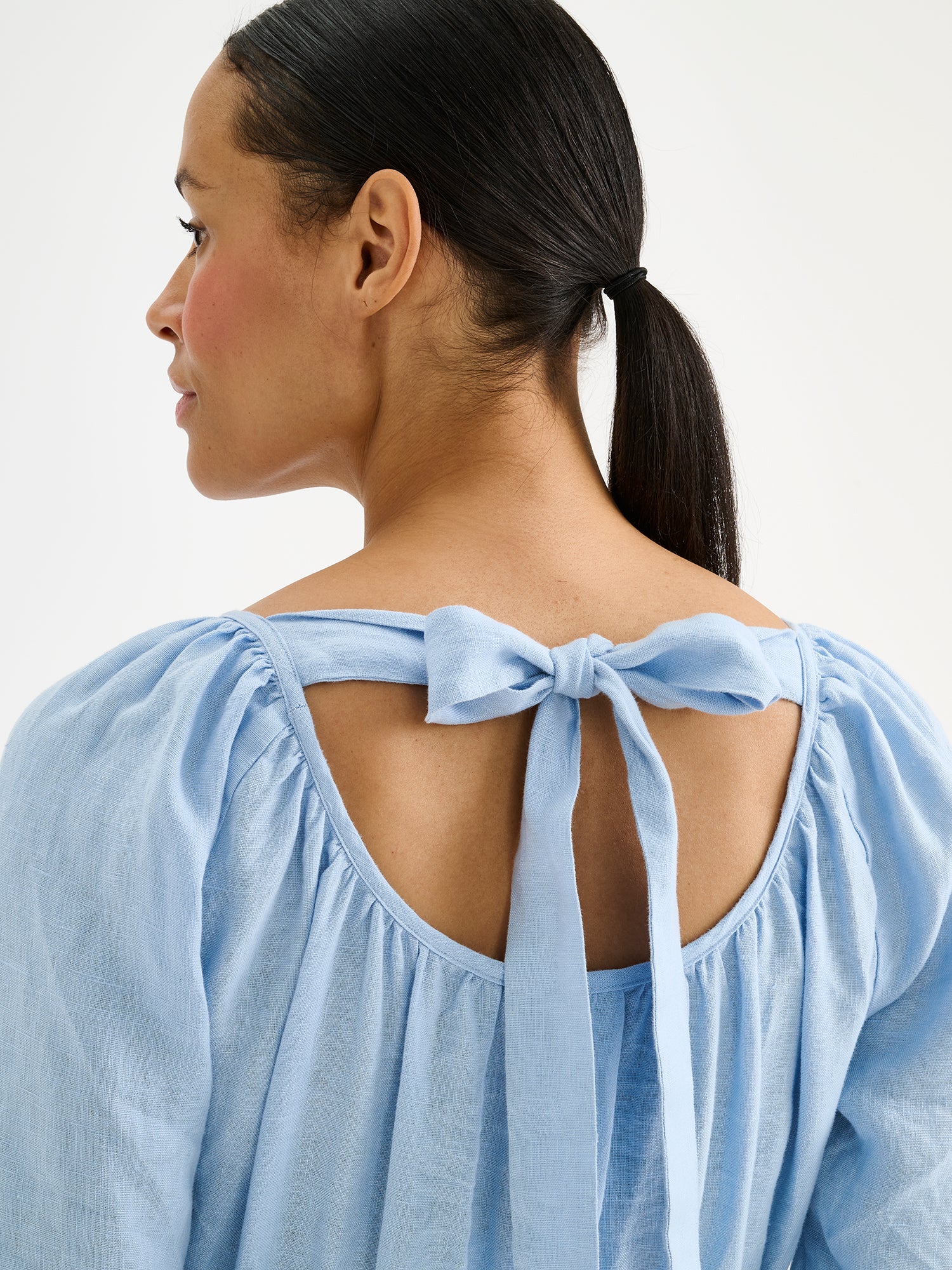 DONNA Midi Linen Dress with a Bow Detail - Light Blue | Nanso