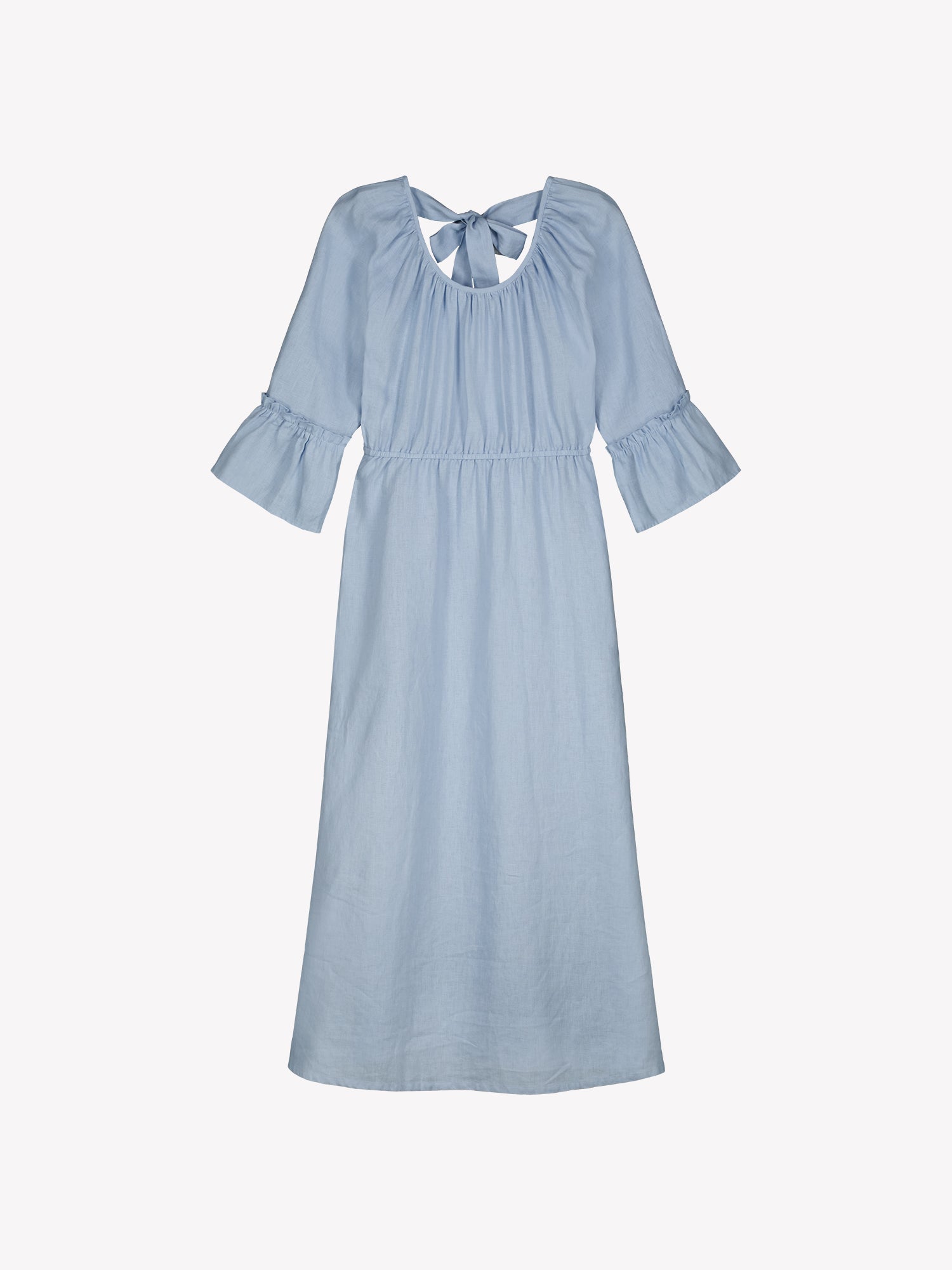Nanso women's softly light blue Donna midi linen dress combines effortless elegance with feminine details. This airy midi-length style features an open, softly gathered back neckline with a striking self-tie bow. In a product picture.