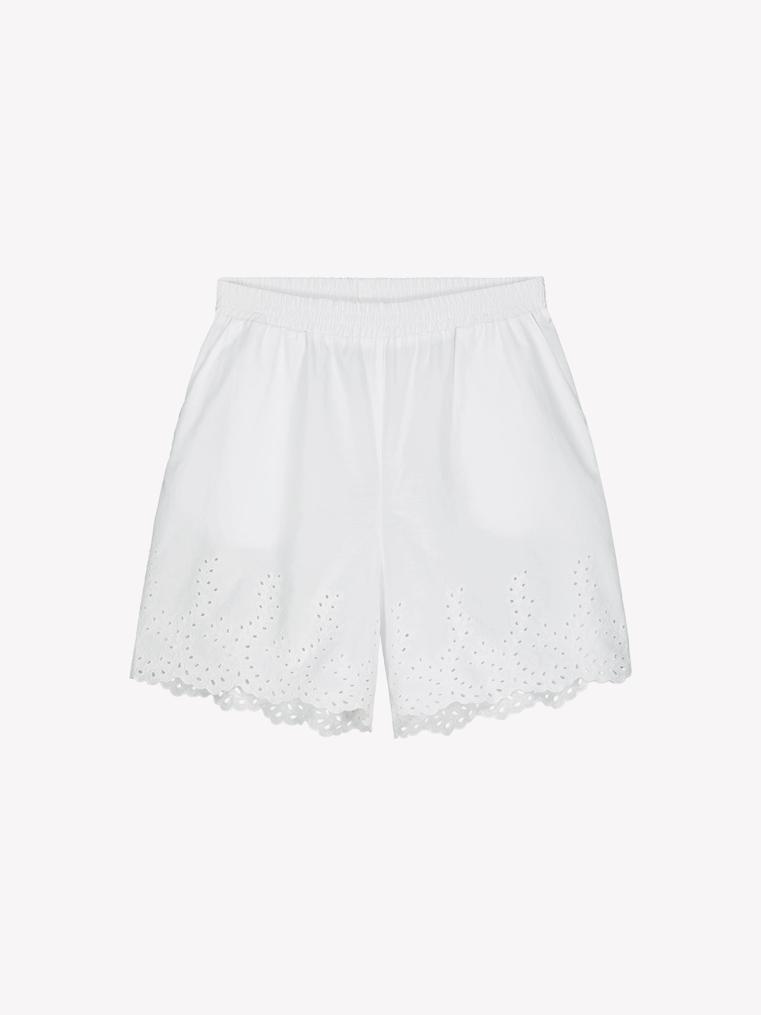Nanso women's white lace detailed Sevilla shorts in a product picture.