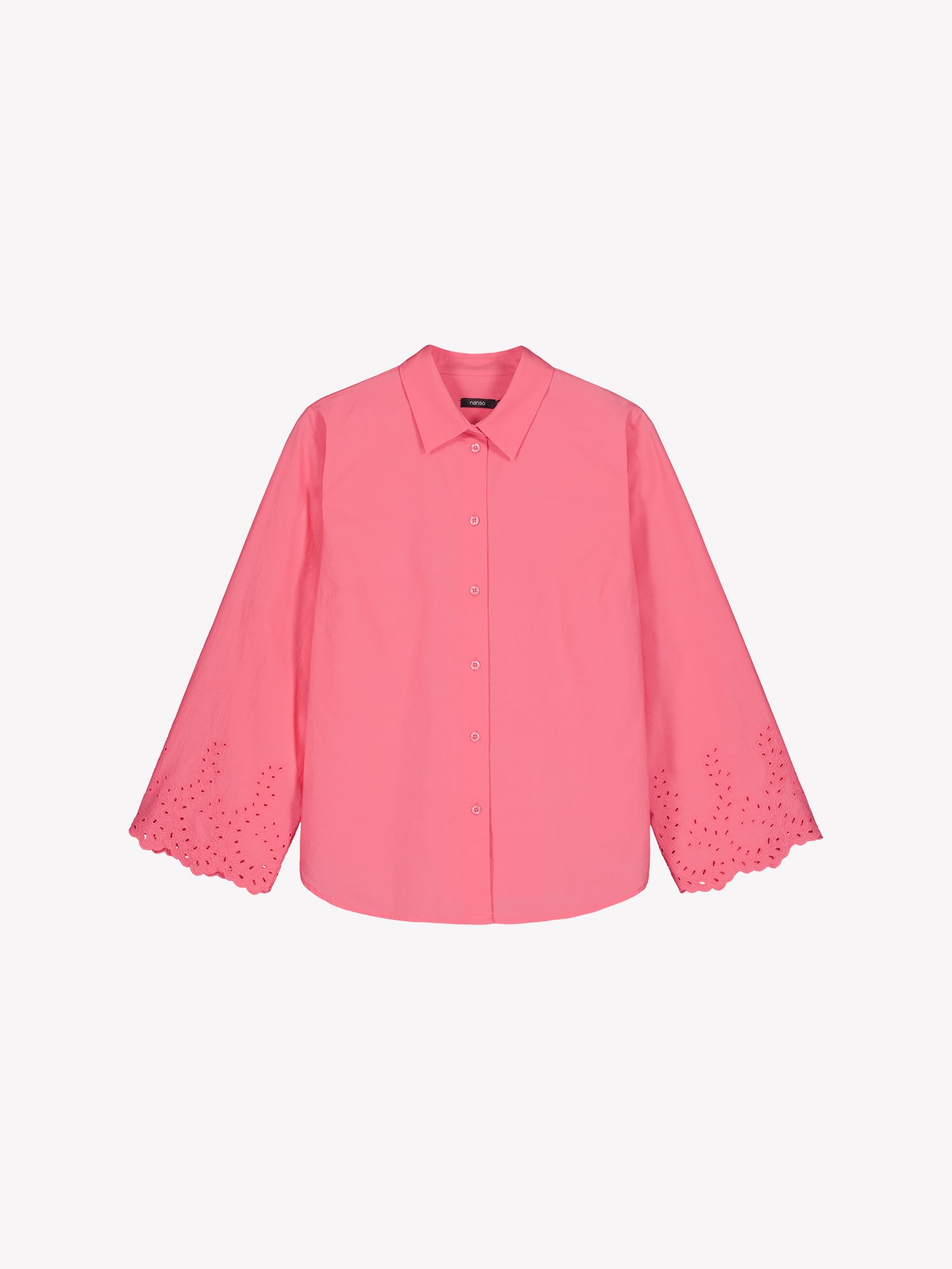 Nanso women's radiant pink Sevilla shirt with airy, relaxed sleeves and delicate lace-trimmed edges in a product picture