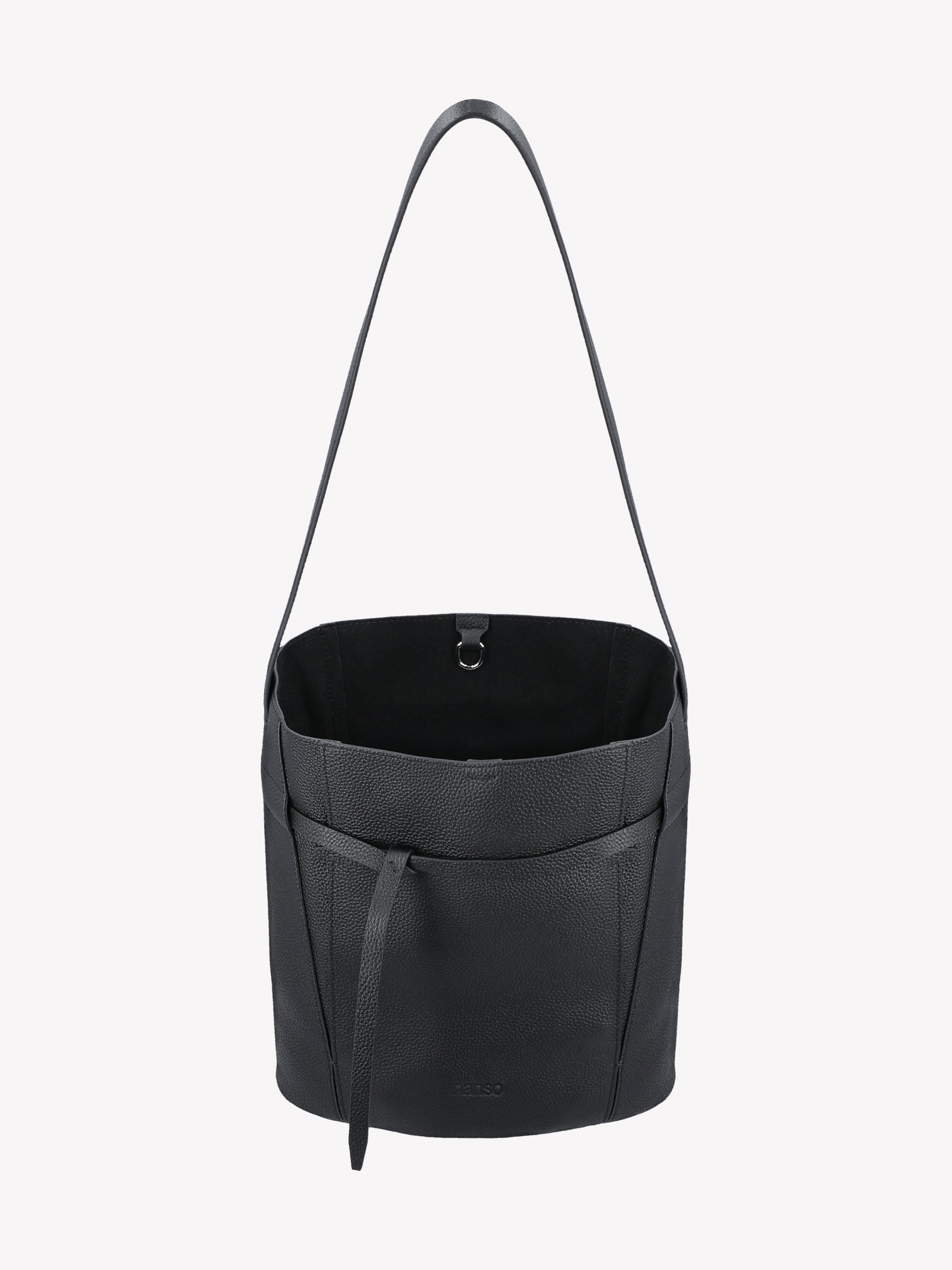 Nanso black Naru Bucket leather bag is a timeless accessory. Product picture from the above with the inside of the bag shown.