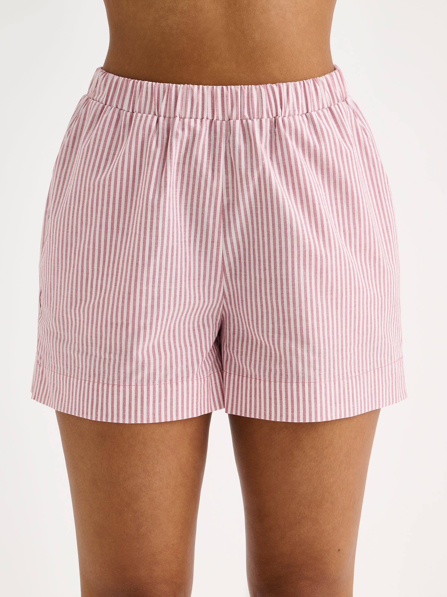 Nanso women's lightweight and comfortable striped Tauko shorts on a model, close-up.