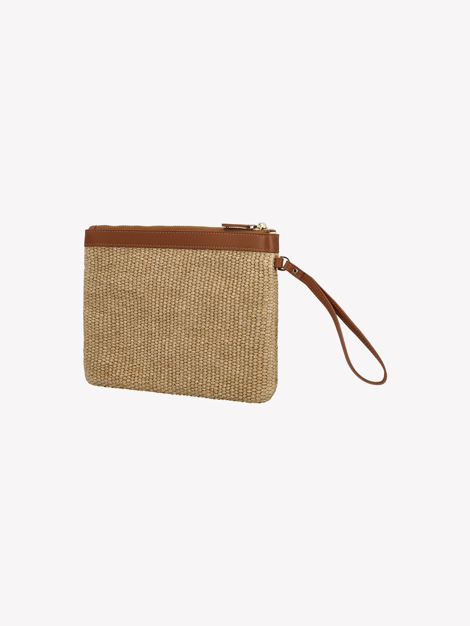 A stylish Kori bag in a compact size, crafted from durable straw-like material. This compact bag features a short leather handle and secure zip closure. Product picture from the back.