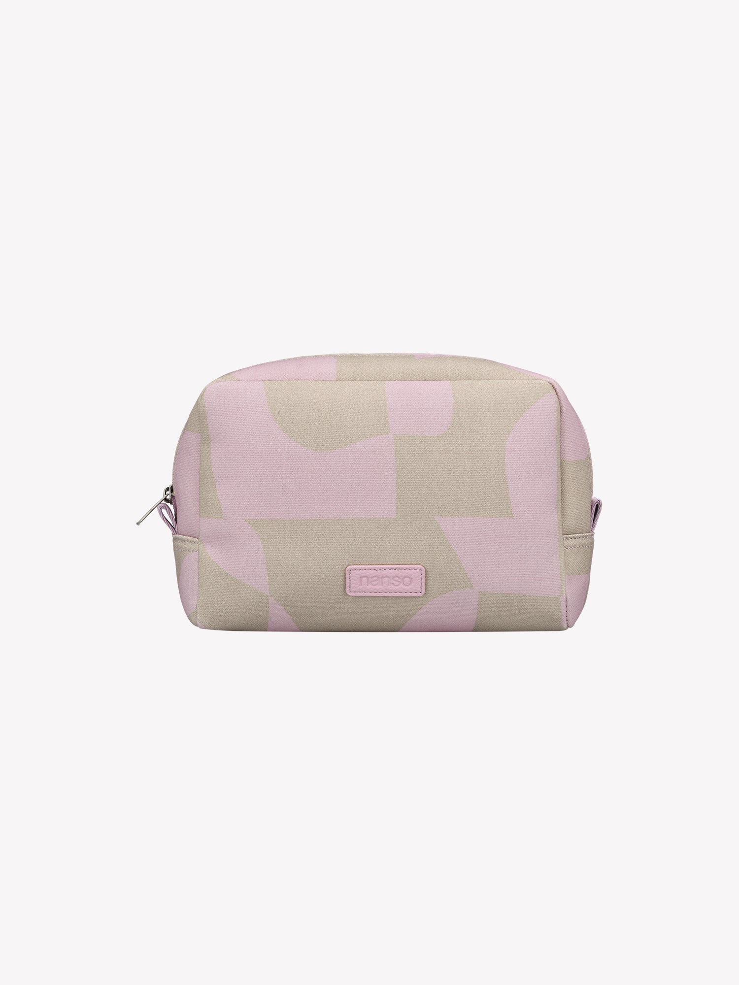 The KALLIO cosmetics bag features a stylish two-tone design that combines beige and pink hues. Product picture from the front.