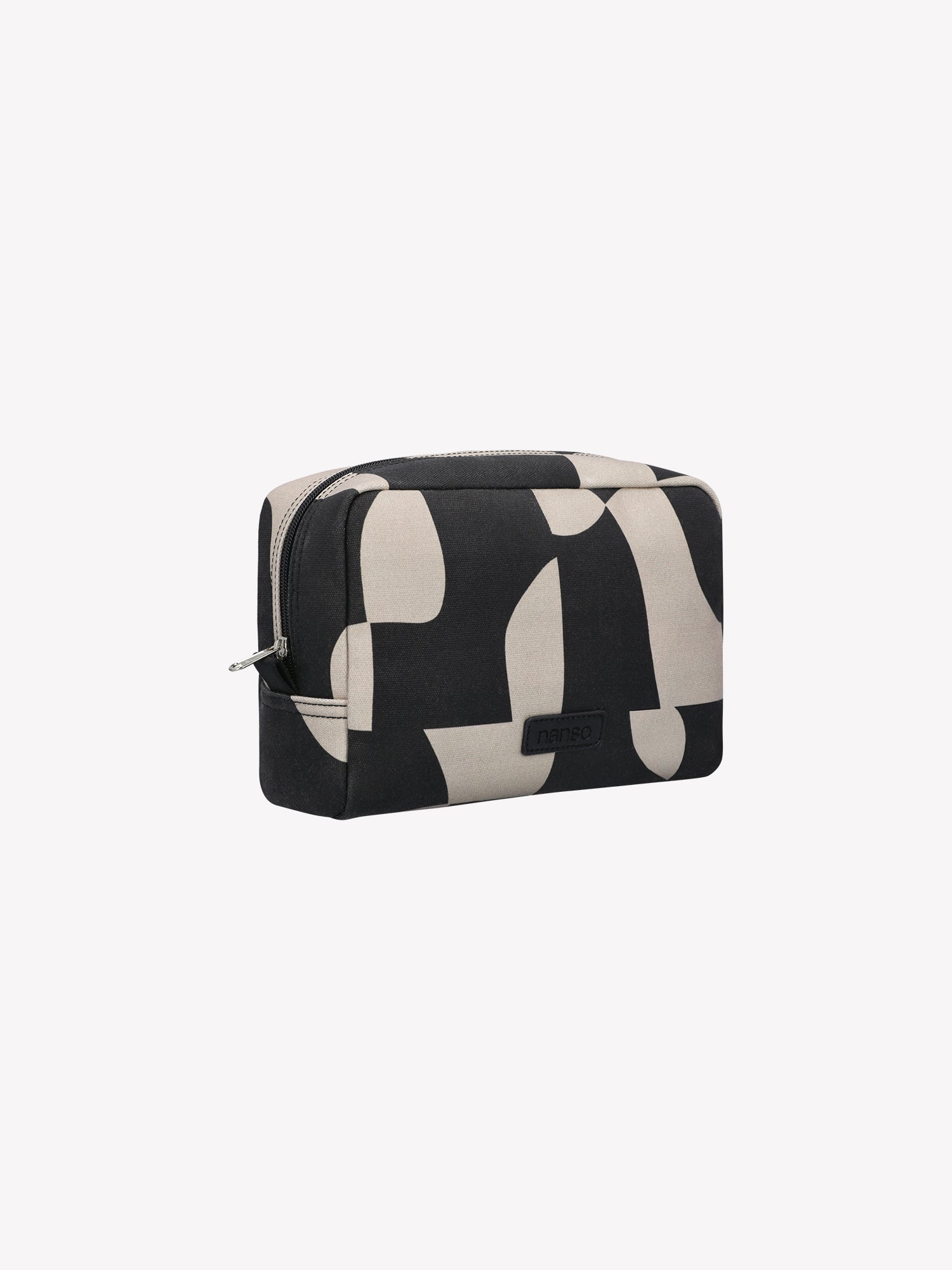The KALLIO cosmetics bag features a stylish two-tone design that combines beige and black hues, in a product picture.