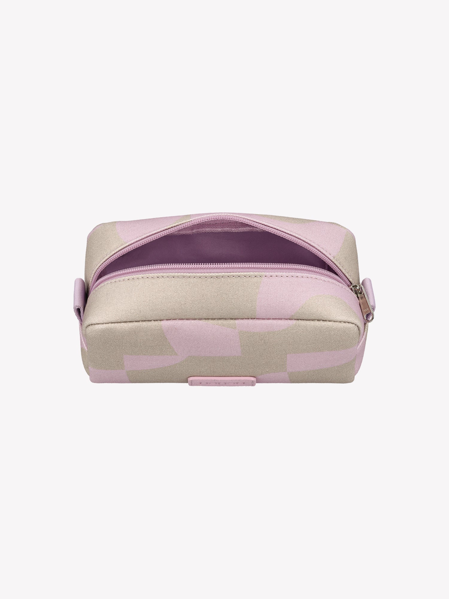The KALLIO MINI patterned cosmetics bag in beige and pink in a product picture with the zipper opened