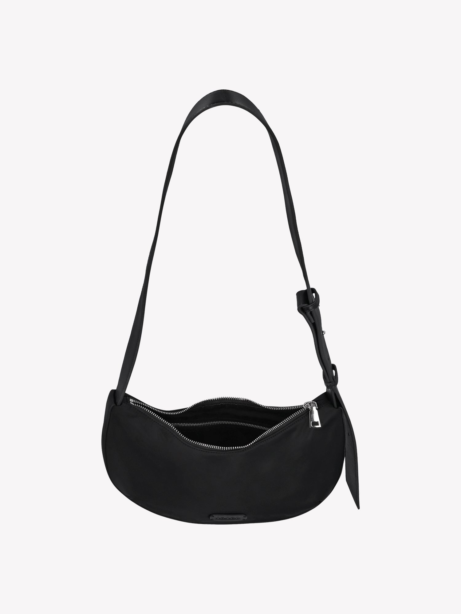 Nanso women's stylish black half moon shaped crossbody bag crafted from durable nylon, product picture from above with the zipper open.