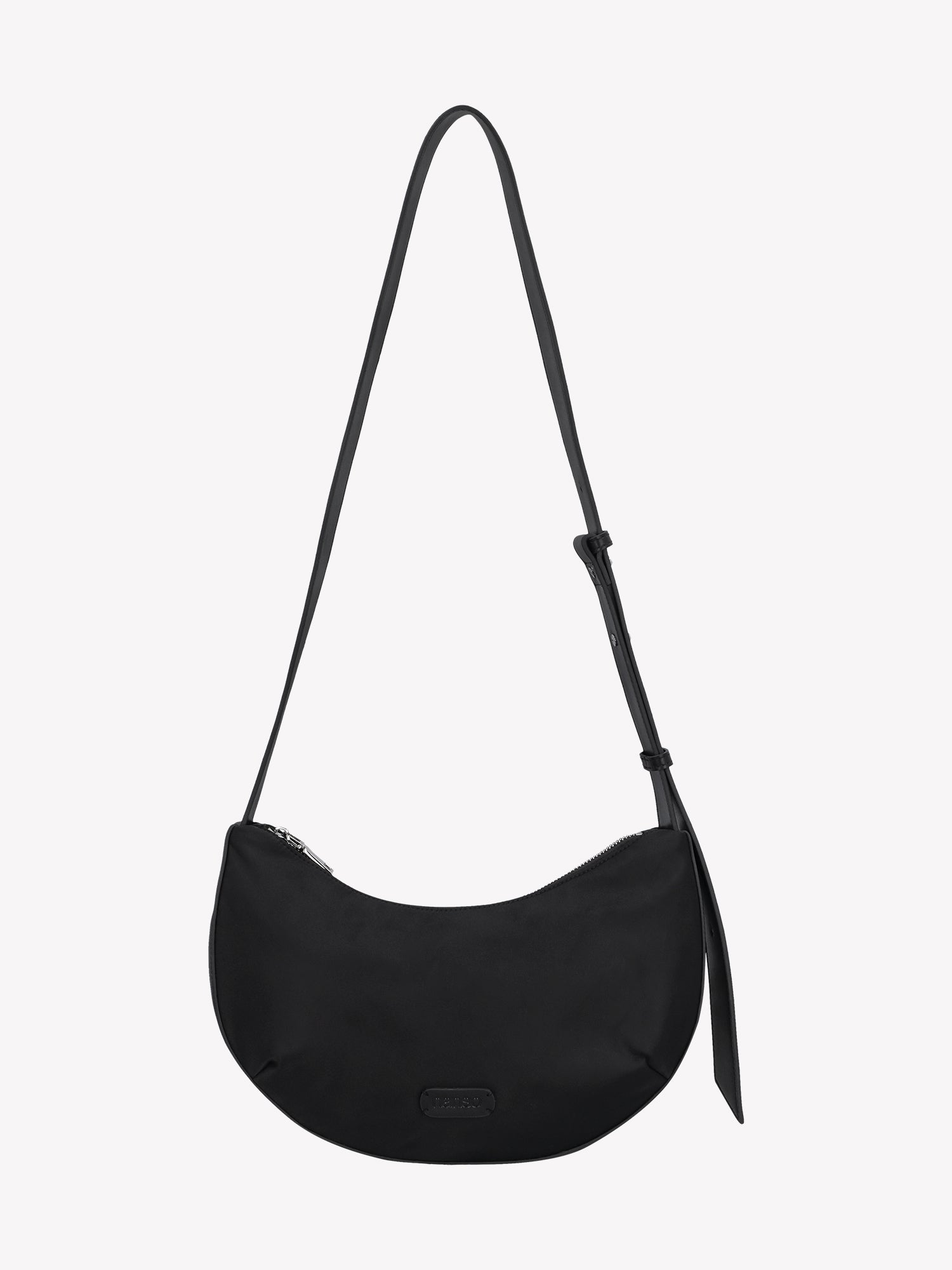 Nanso women's stylish black half moon shaped crossbody bag crafted from durable nylon, product picture from the front.