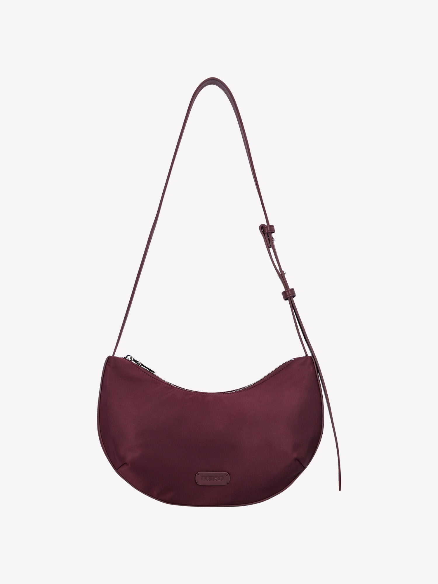 Nanso women's stylish wine-red half moon shaped crossbody bag crafted from durable nylon, product picture from the front