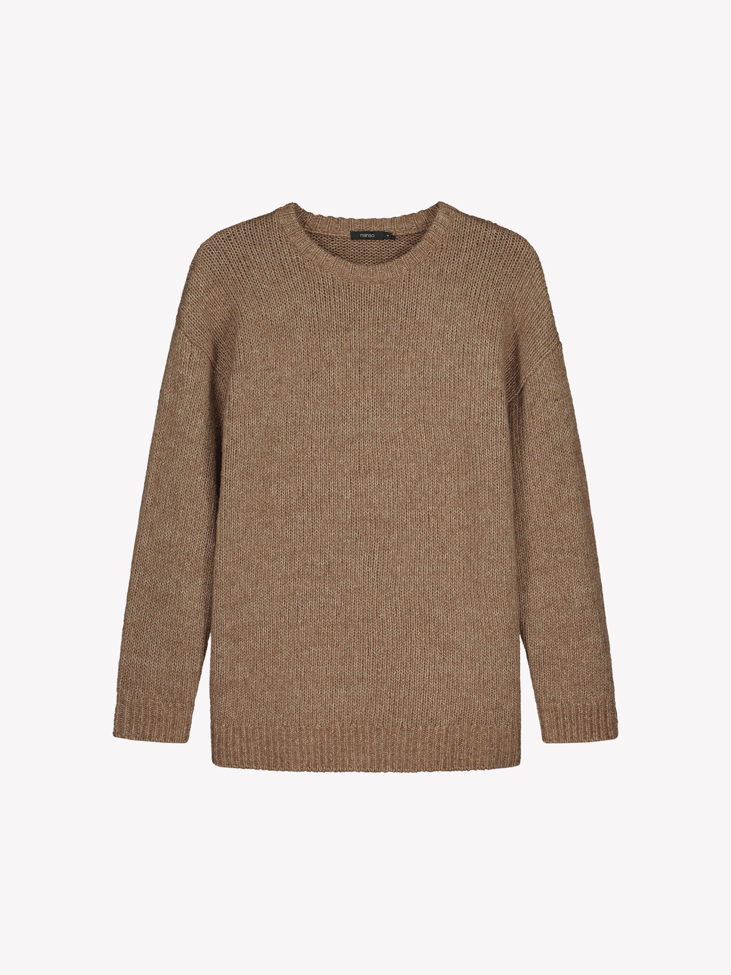 Women's relaxed long-sleeved MORIKO sweater in warm brown shade, in a product picture