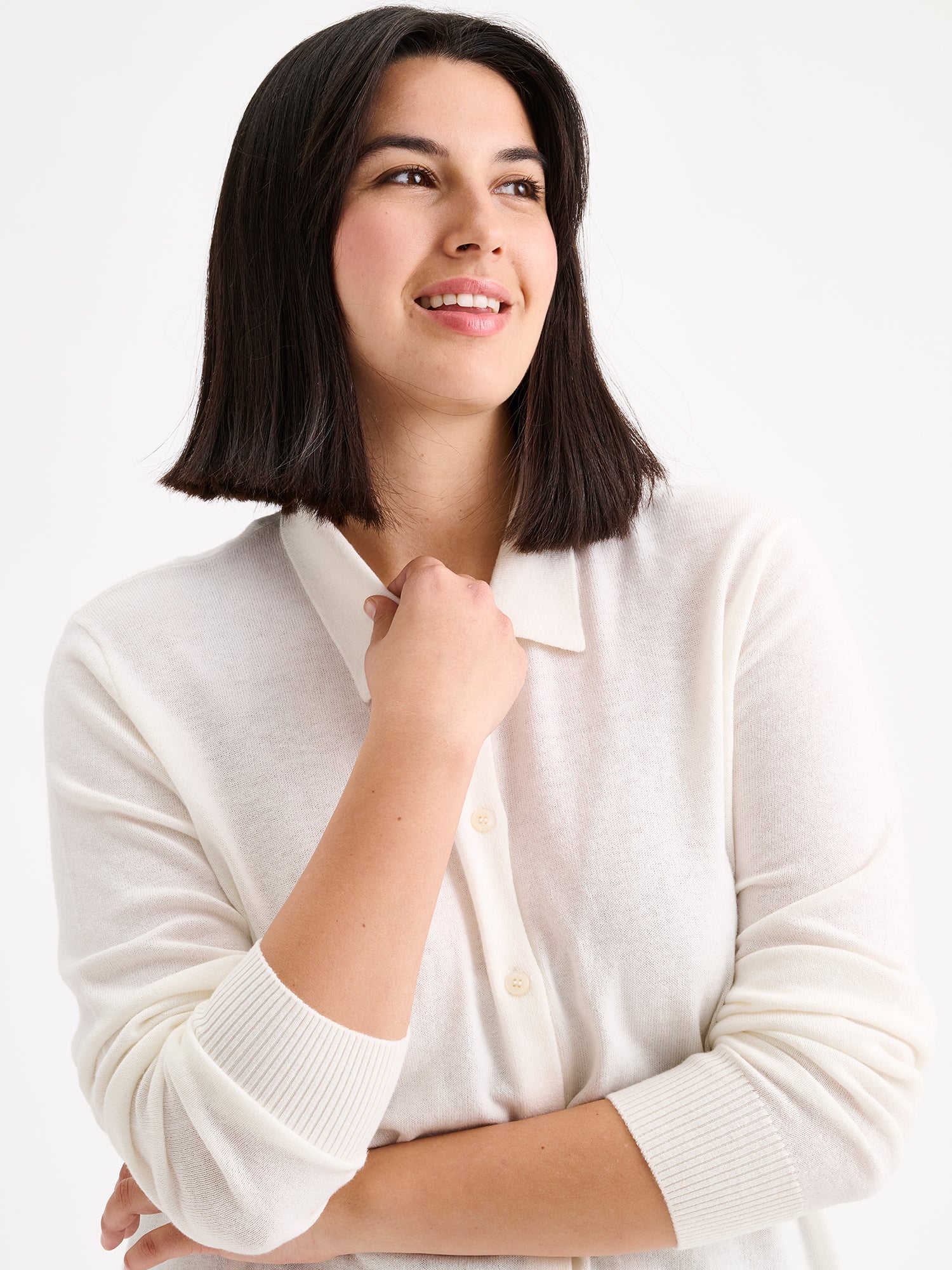 Nanso women's timeless natural white collared Villis cardigan on a model close-up
