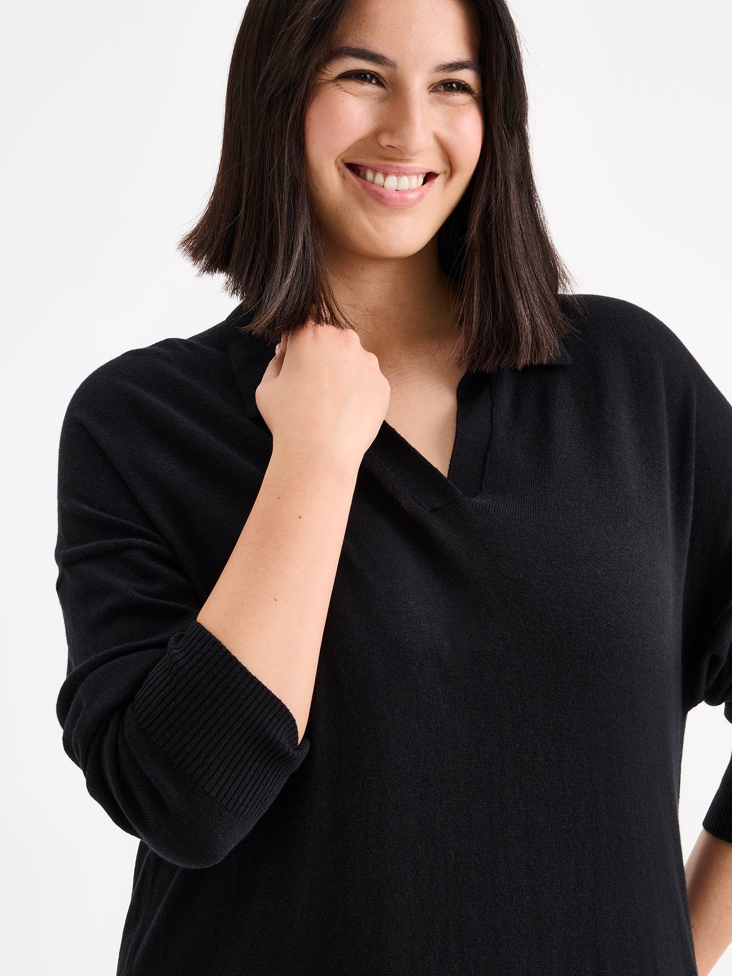 Nanso women's sophisticated straight cut women's knit dress from the Villis collection, featuring a classic collar. On a model