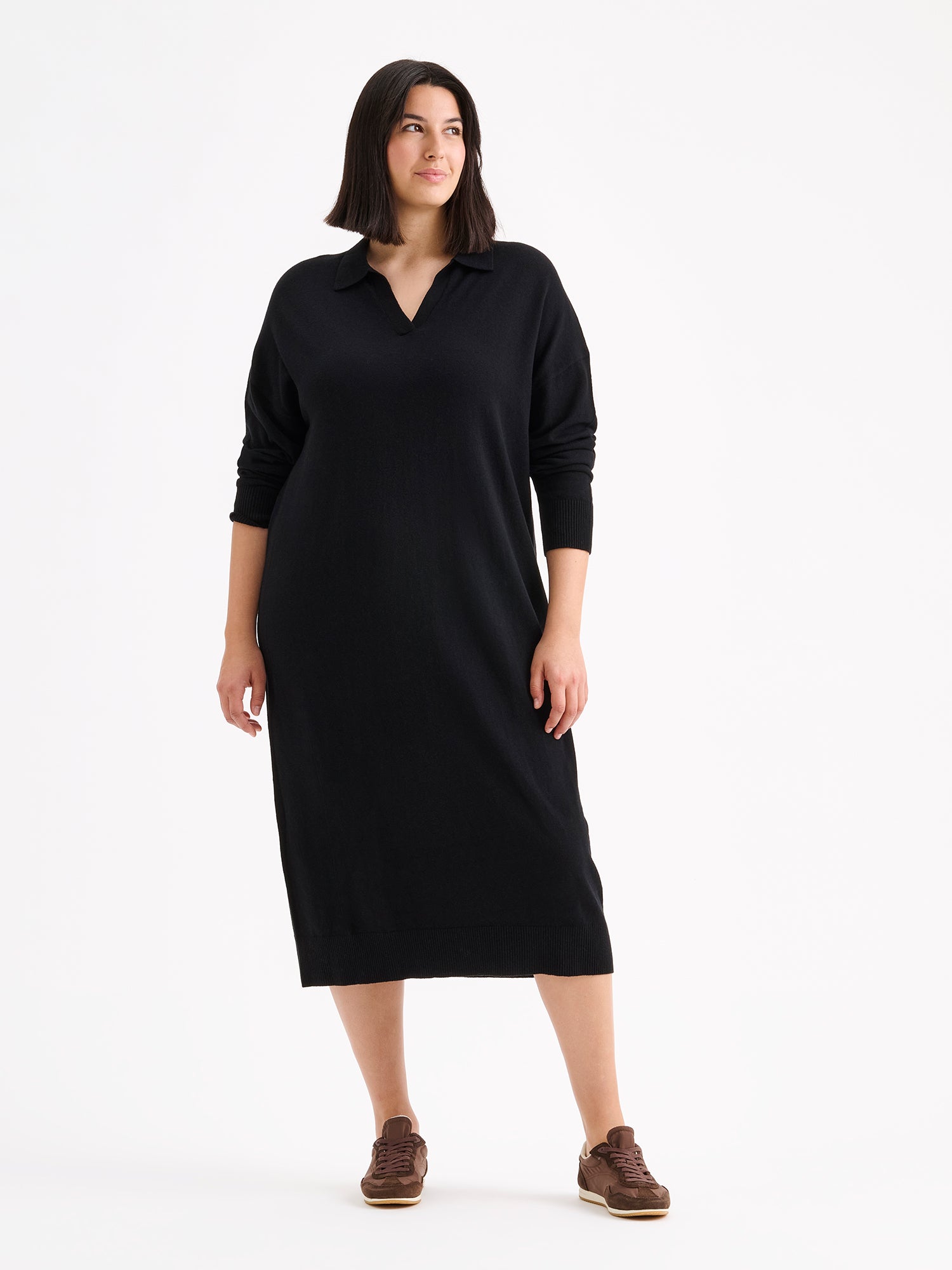 Nanso women's sophisticated straight cut women's knit dress from the Villis collection, featuring a classic collar. On a model