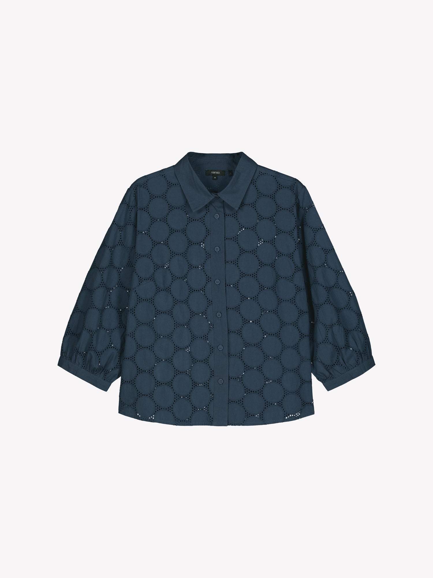 nanso women's stylish dark blue Siiri blouse for women, featuring beautiful embroidered fabric, classic collar, buttons and 3/4 sleeves, in a product picture.
