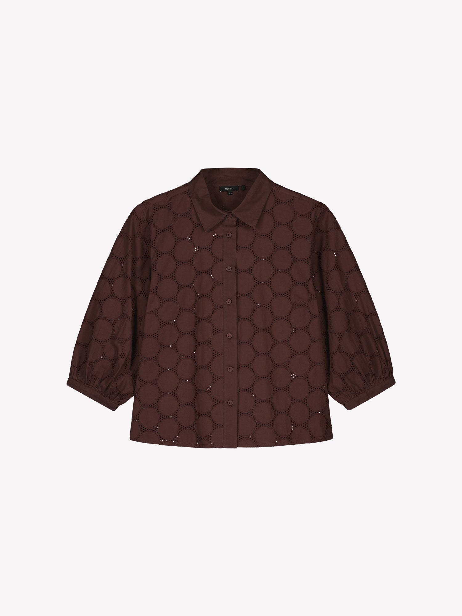 nanso women's stylish dark brown Siiri blouse for women, featuring beautiful embroidered fabric, classic collar, buttons and 3/4 sleeves, in a product picture