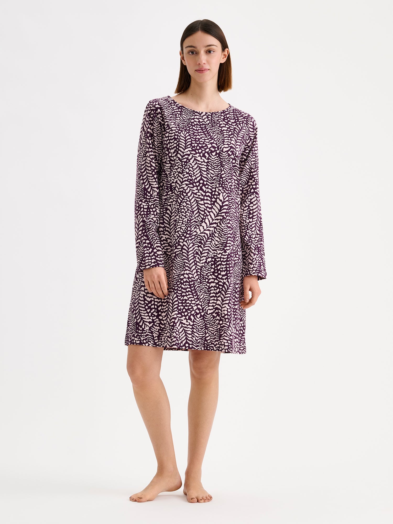 Nanso women's comfortable short nightgown for women, the Fiona features an elegant two-tone pattern in violet, pictured on a model