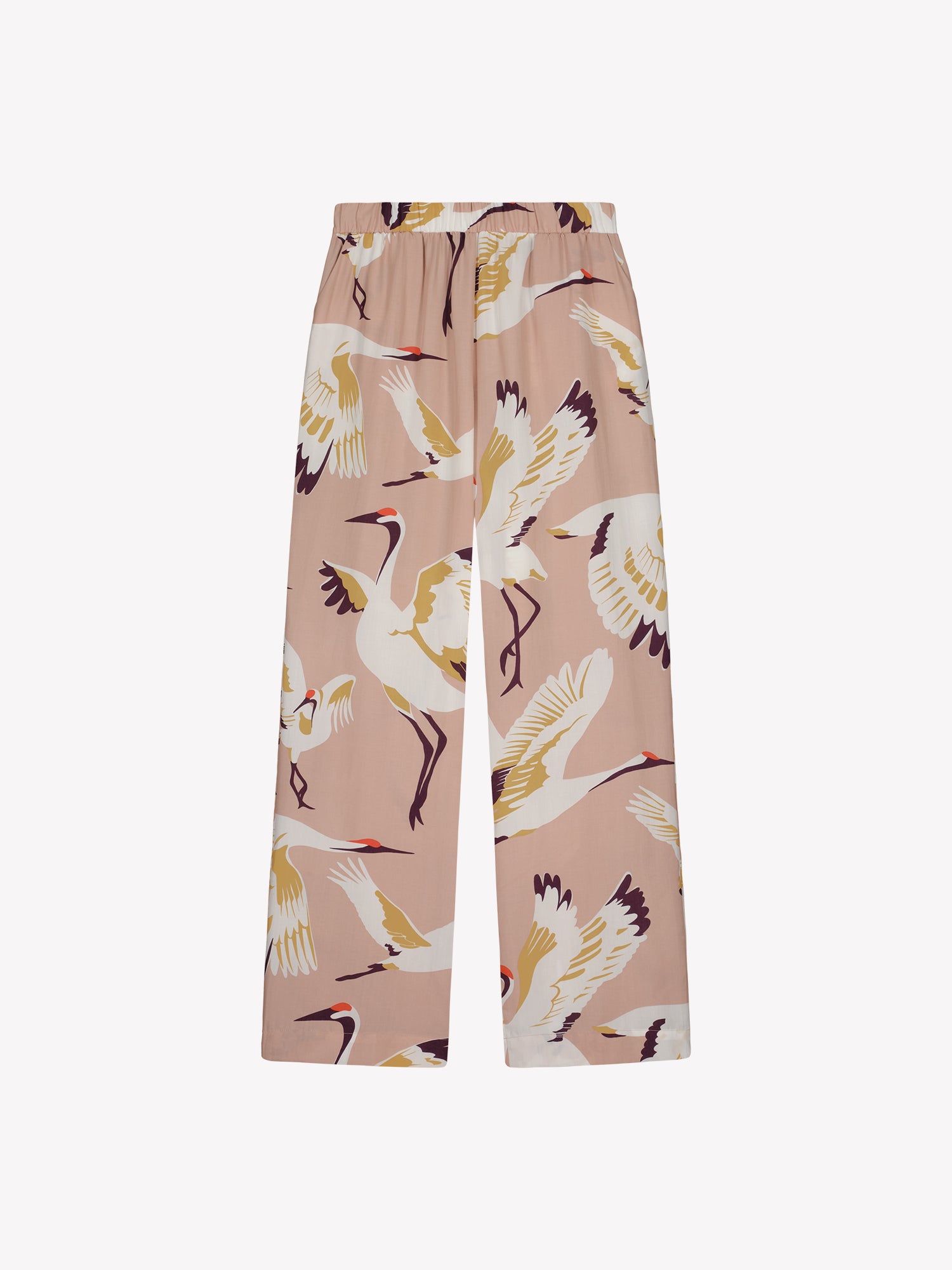 Women's comfortable Kurki pajama pants with an enchanting pale pink pattern, in a product picture