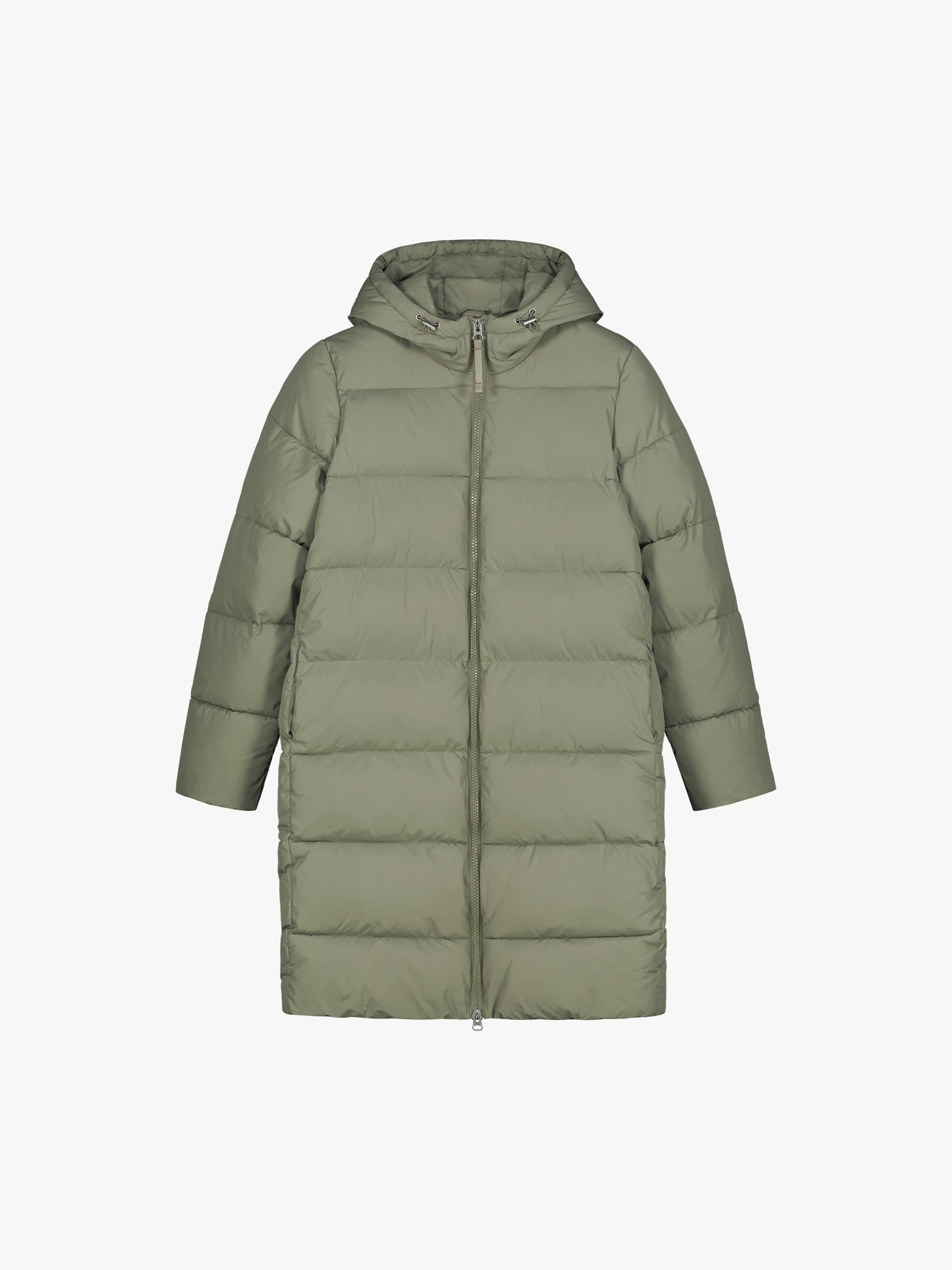 Nanso women's warm, padded yet pleasantly lightweight Lumi midi puffer coat in a product picture
