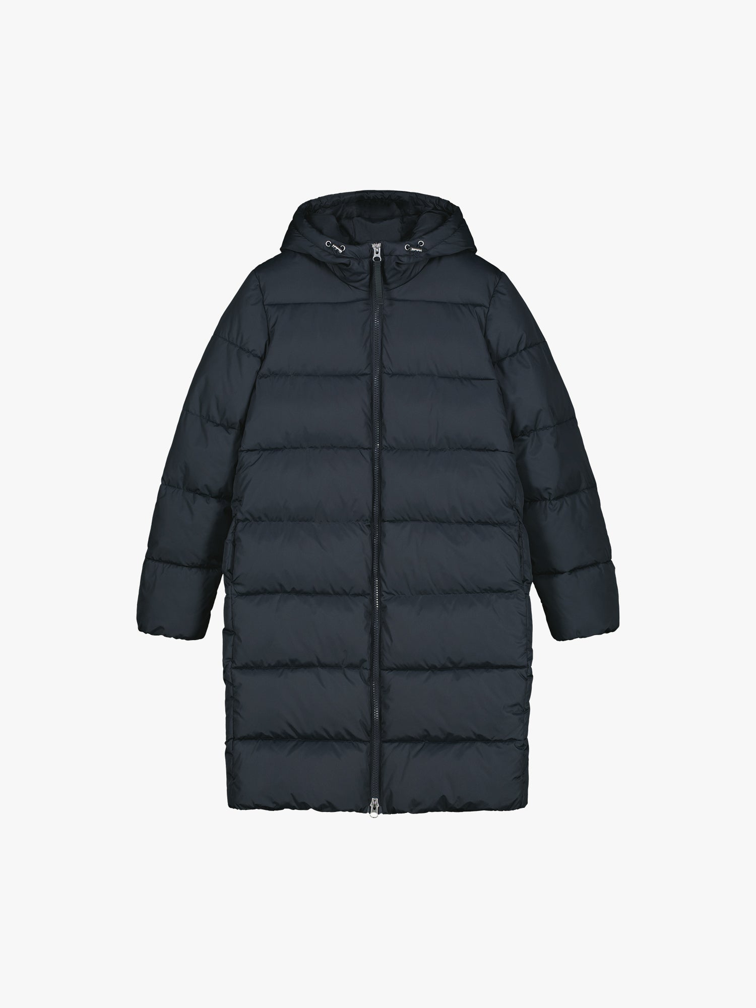 Nanso women's warm, padded yet pleasantly lightweight Lumi midi puffer coat in dark blue, product picture