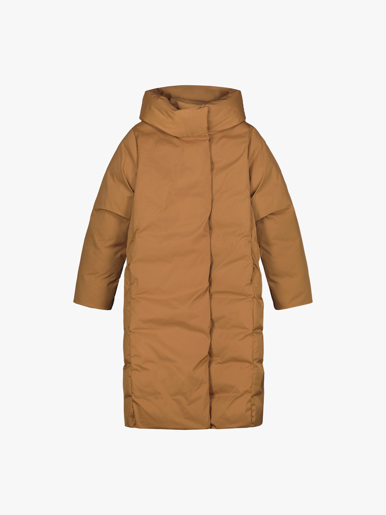 Warm and wonderfully voluminous, the long Inari puffer coat in brown. Product picture