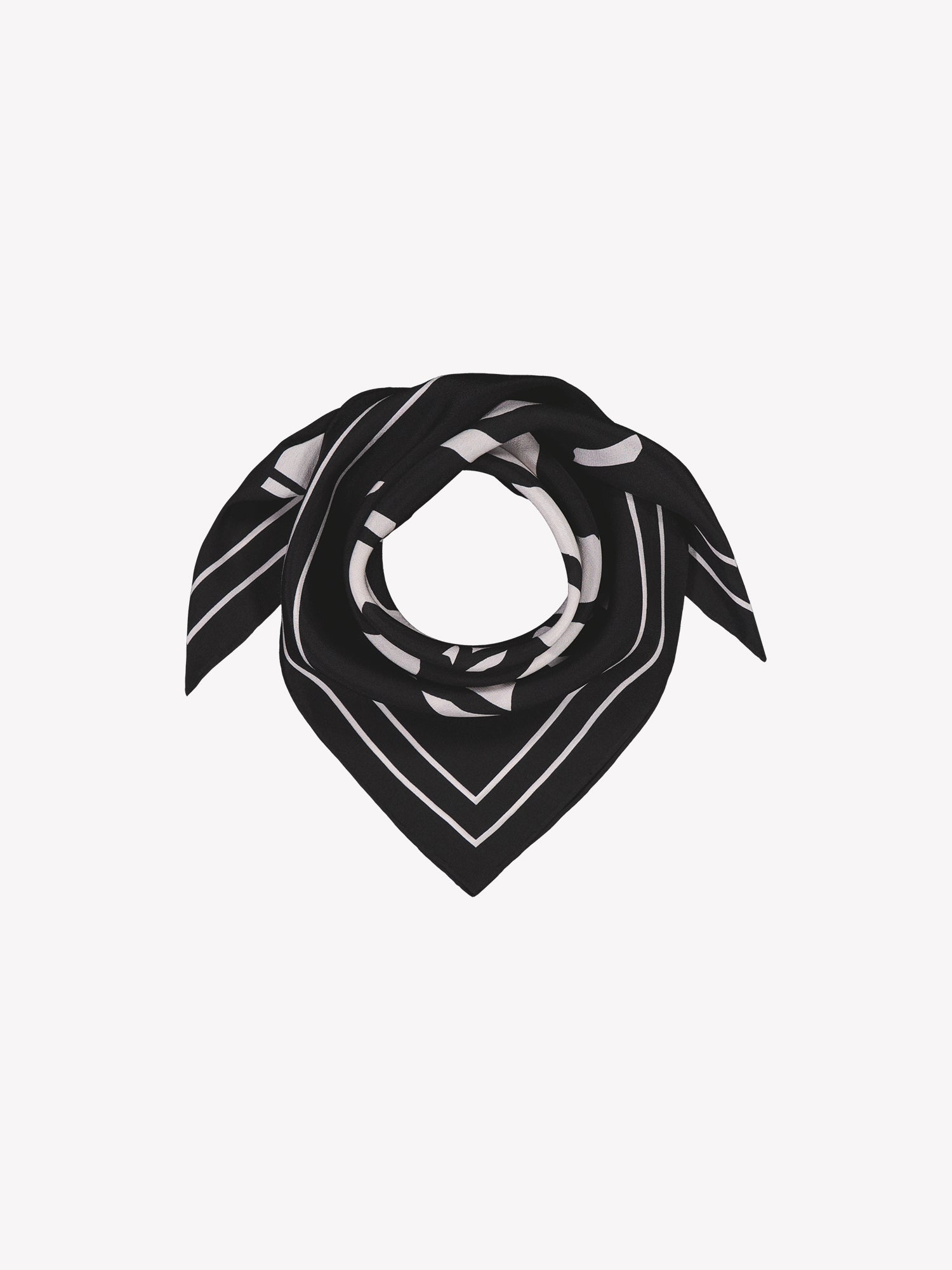 Palsta sophisticated patterned silk scarf in black and white in a product picture.