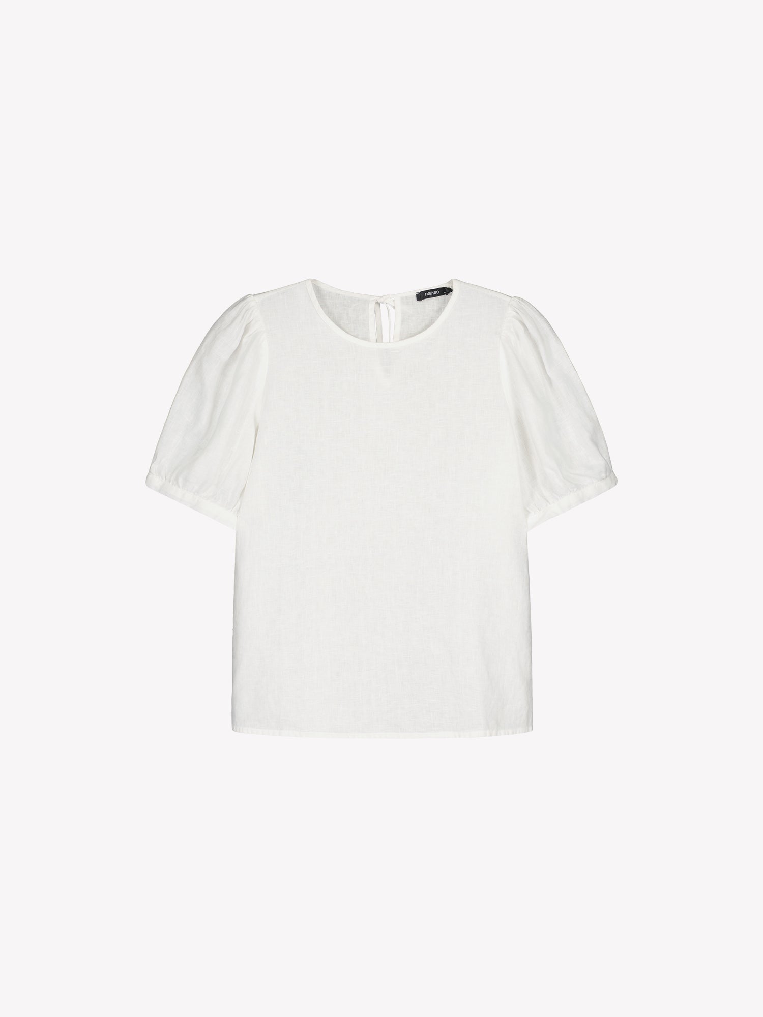 Nanso women's white breathable Sarastus linen blouse featuring short puffed sleeves in a product picture.
