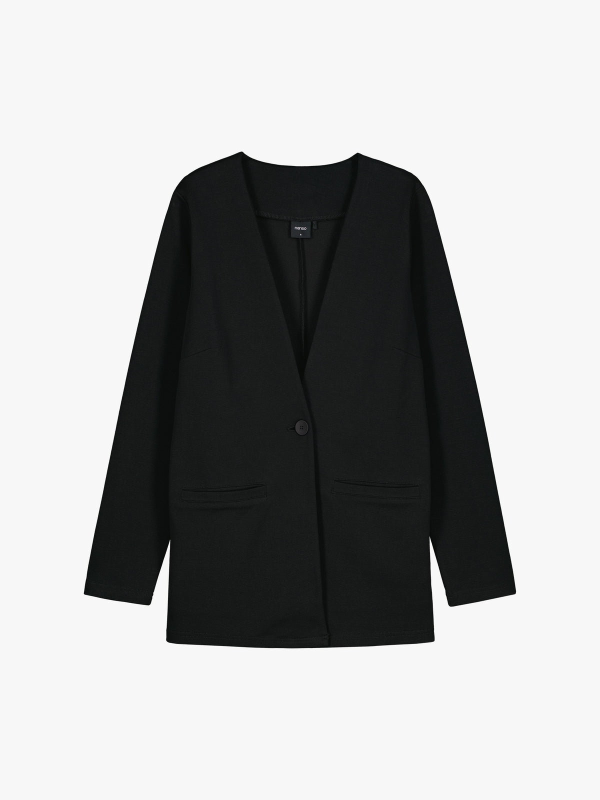Nanso women's black collarless Nerea jersey blazer in a product picture