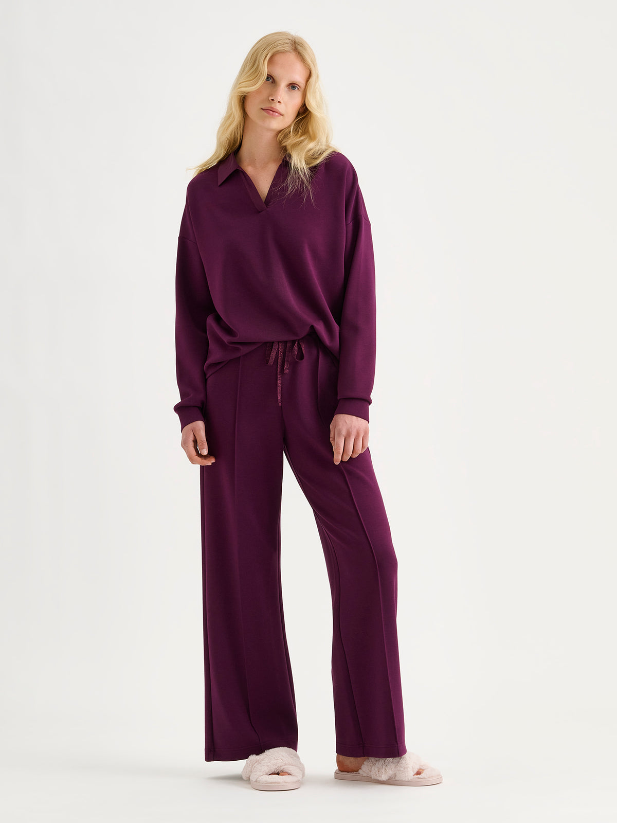 Nanso women's violet toned Aurelia lounge shirt with a collar combines relaxed comfort with a polished look. 
