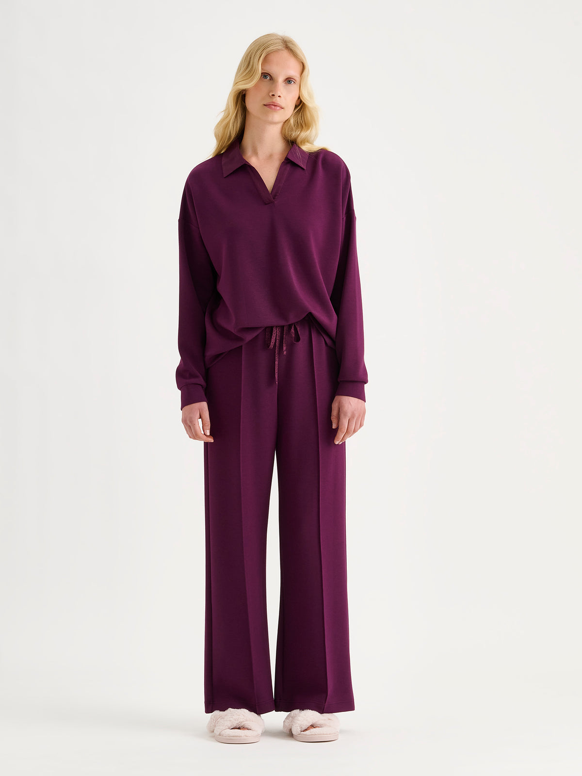 Nanso women's violet toned Aurelia lounge shirt with a collar combines relaxed comfort with a polished look. 