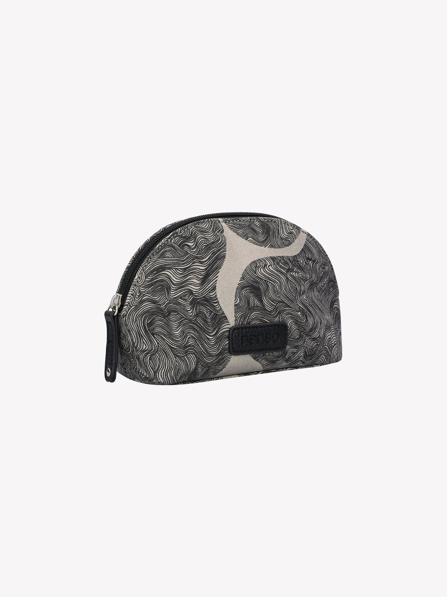 Nanso's beige-black hued Paasi mini cosmetics bag features a charming pattern, product picture from the side angle