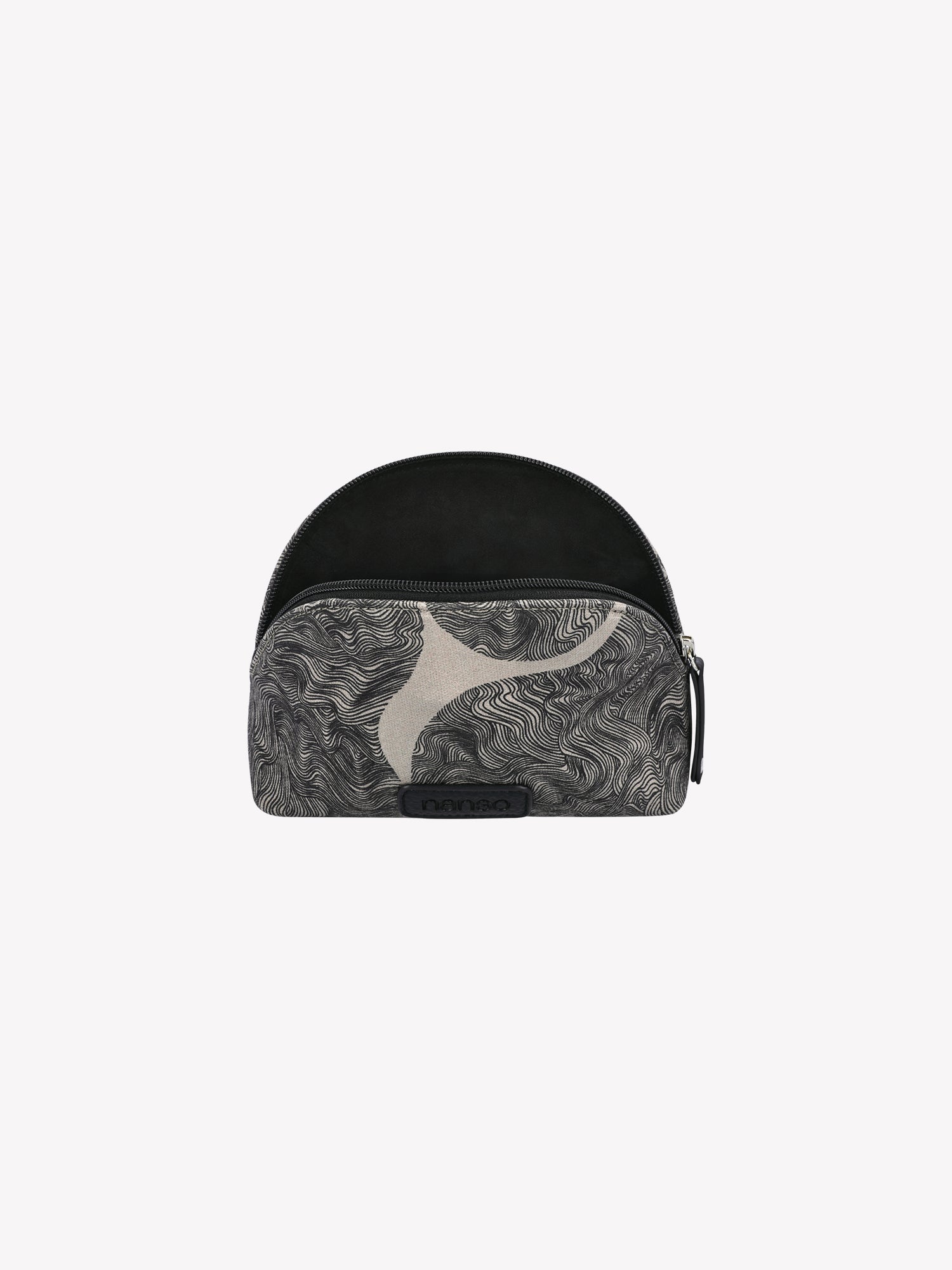 Nanso's beige-black hued Paasi mini cosmetics bag features a charming pattern, product picture with the zipper opened