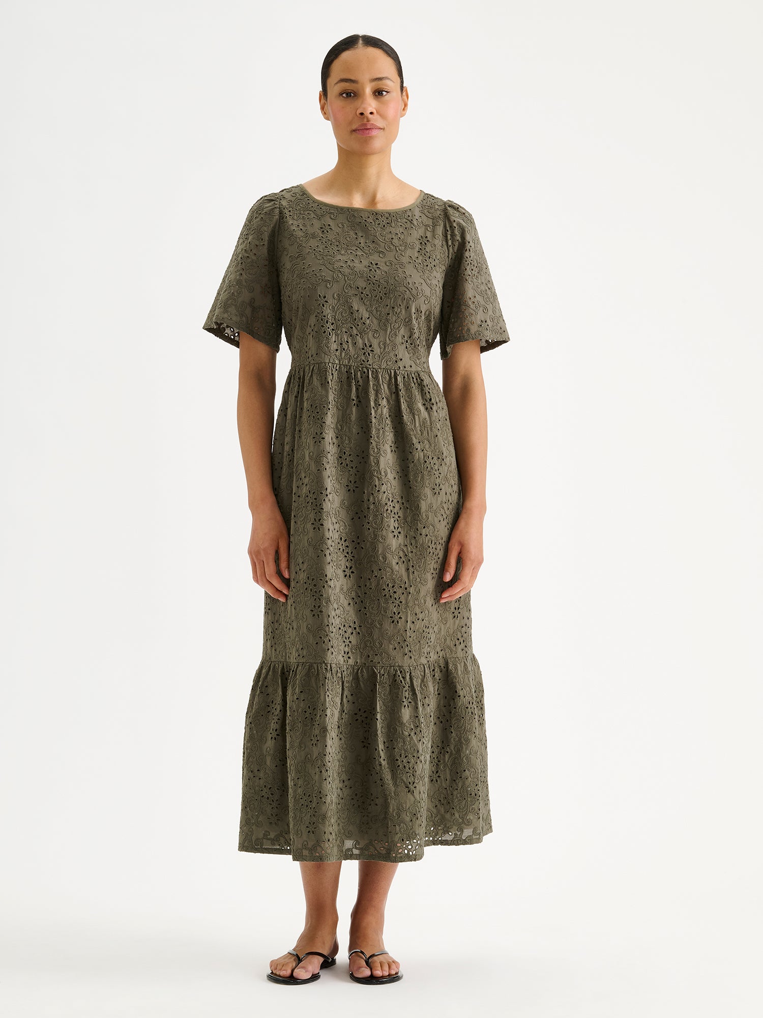 ODETTE Long Embroidered Ruffle Dress - Olive Green | Nanso ODETTE Long Embroidered Ruffle Dress - Olive Green | Nanso