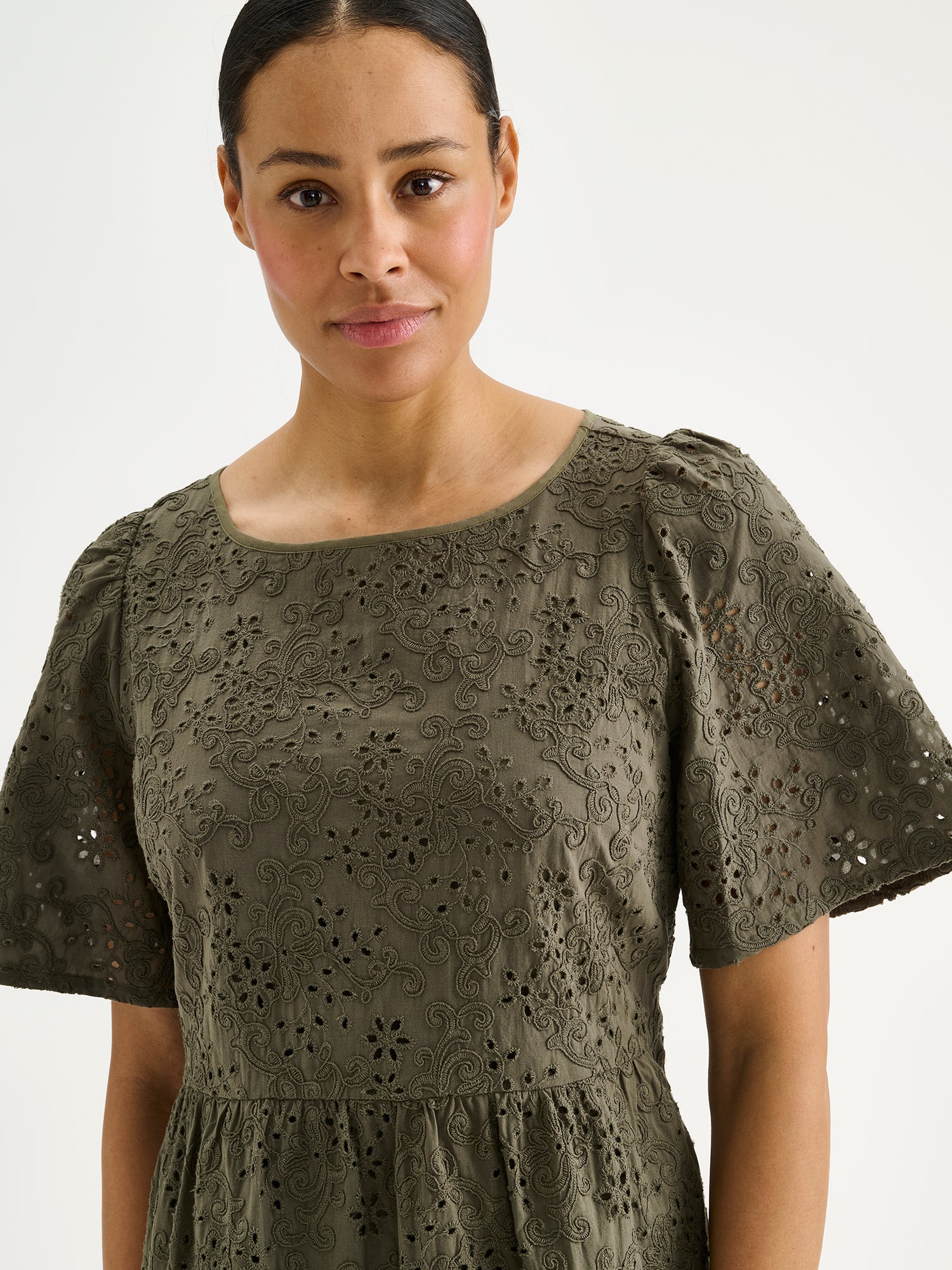 ODETTE Long Embroidered Ruffle Dress - Olive Green
