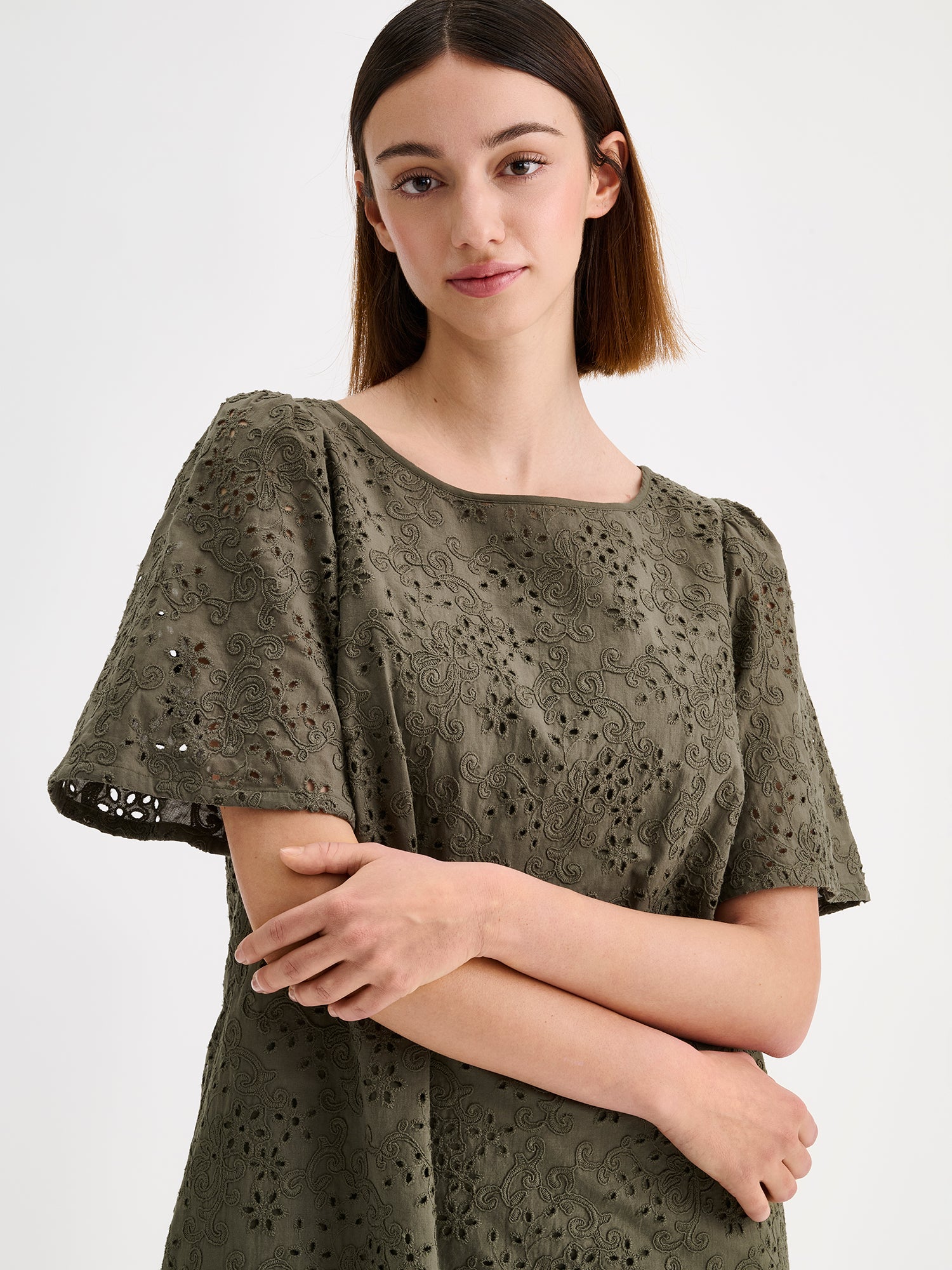 ODETTE Short A-lined Embroidered Dress with Short Sleeves - Olive Green | Nanso ODETTE Short A-lined Embroidered Dress with Short Sleeves - Olive Green | Nanso