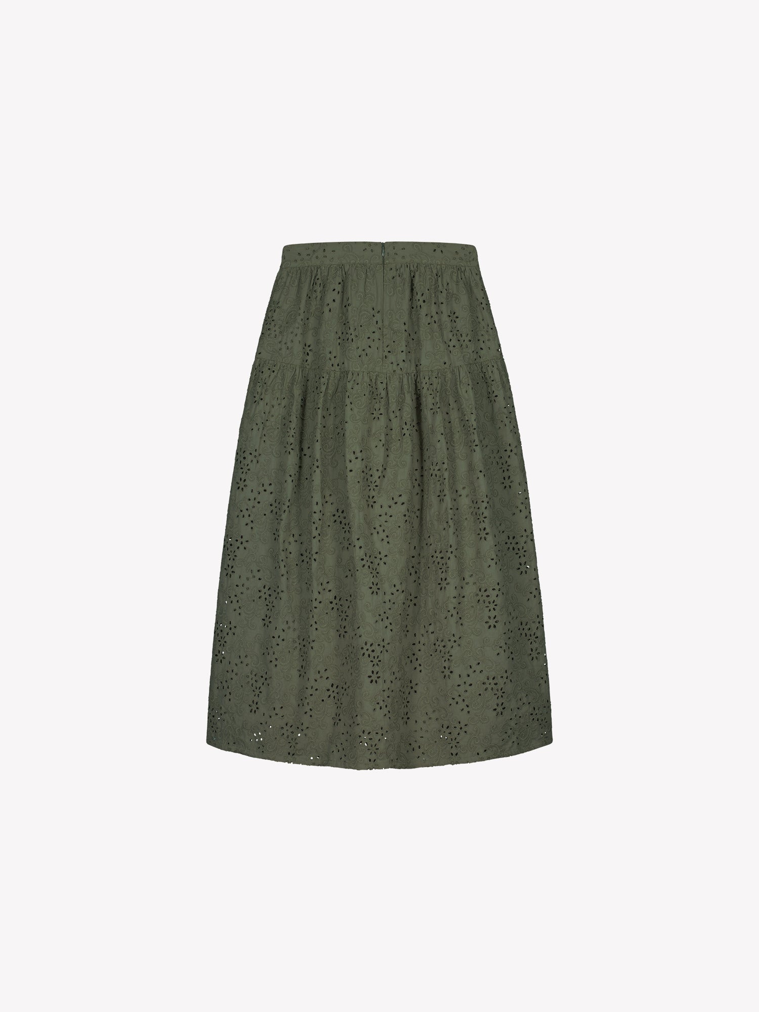 Nanso women's Odette skirt is a beautiful maxi-length skirt with a flowing silhouette, crafted from olive green cotton fabric featuring delicate broderie anglaise detailing, in s product picture from the backside.