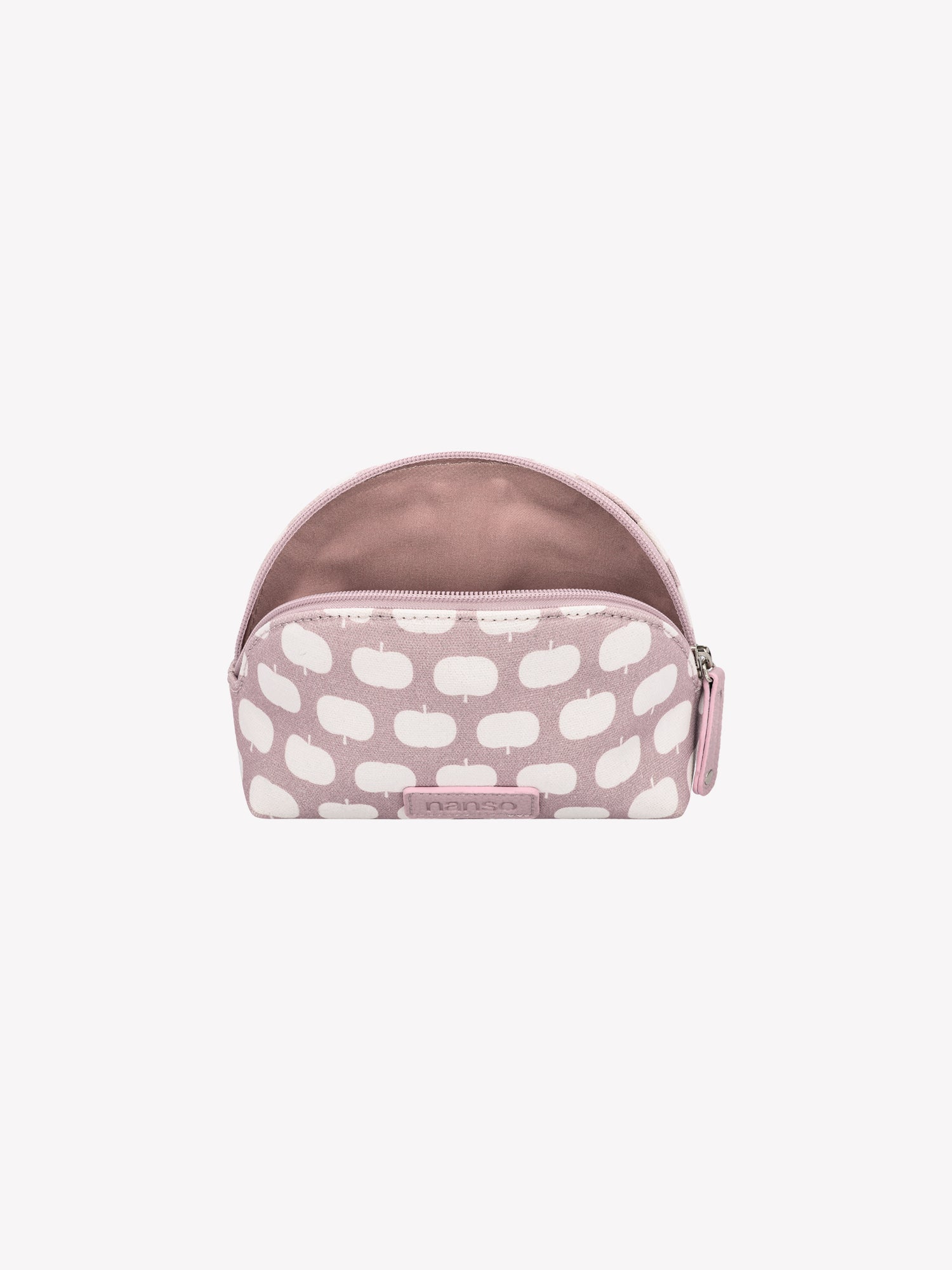 Nanso's Omppu mini cosmetics bag in old Rose features a charming apple pattern, in a product picture