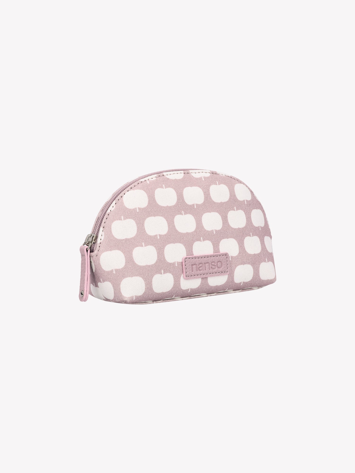 Nanso's Omppu mini cosmetics bag in old Rose features a charming apple pattern, in aproduct picture