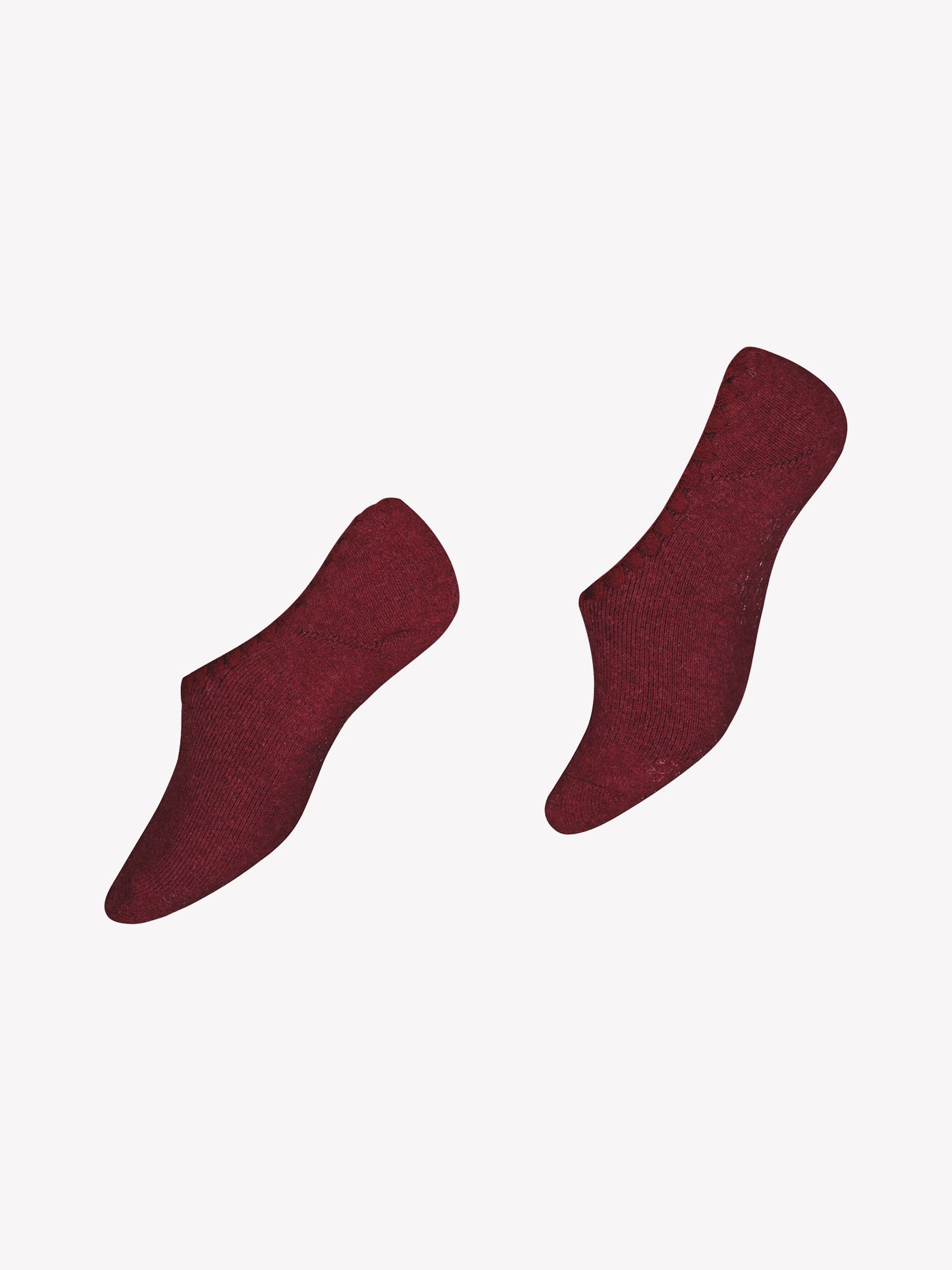 Vogue's soft wool blend no-show socks in rich rosewood shade in a product picture. Featuring a delicate feminine edge detail and tiny snowflake anti-slip print on sole.