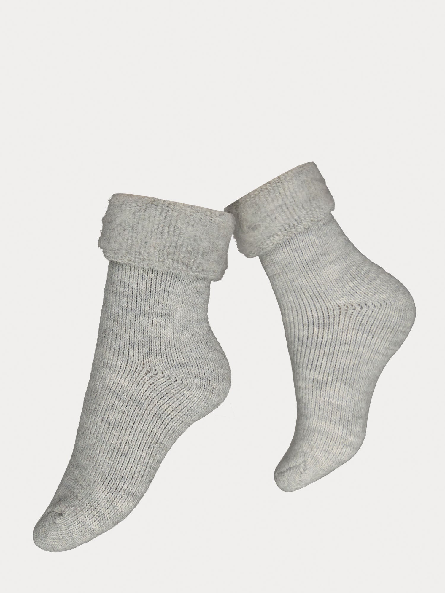 Nanso grey alpaca wool blend home socks with soft furry inside, rolled cuffs, ankle-length, product photo side view.