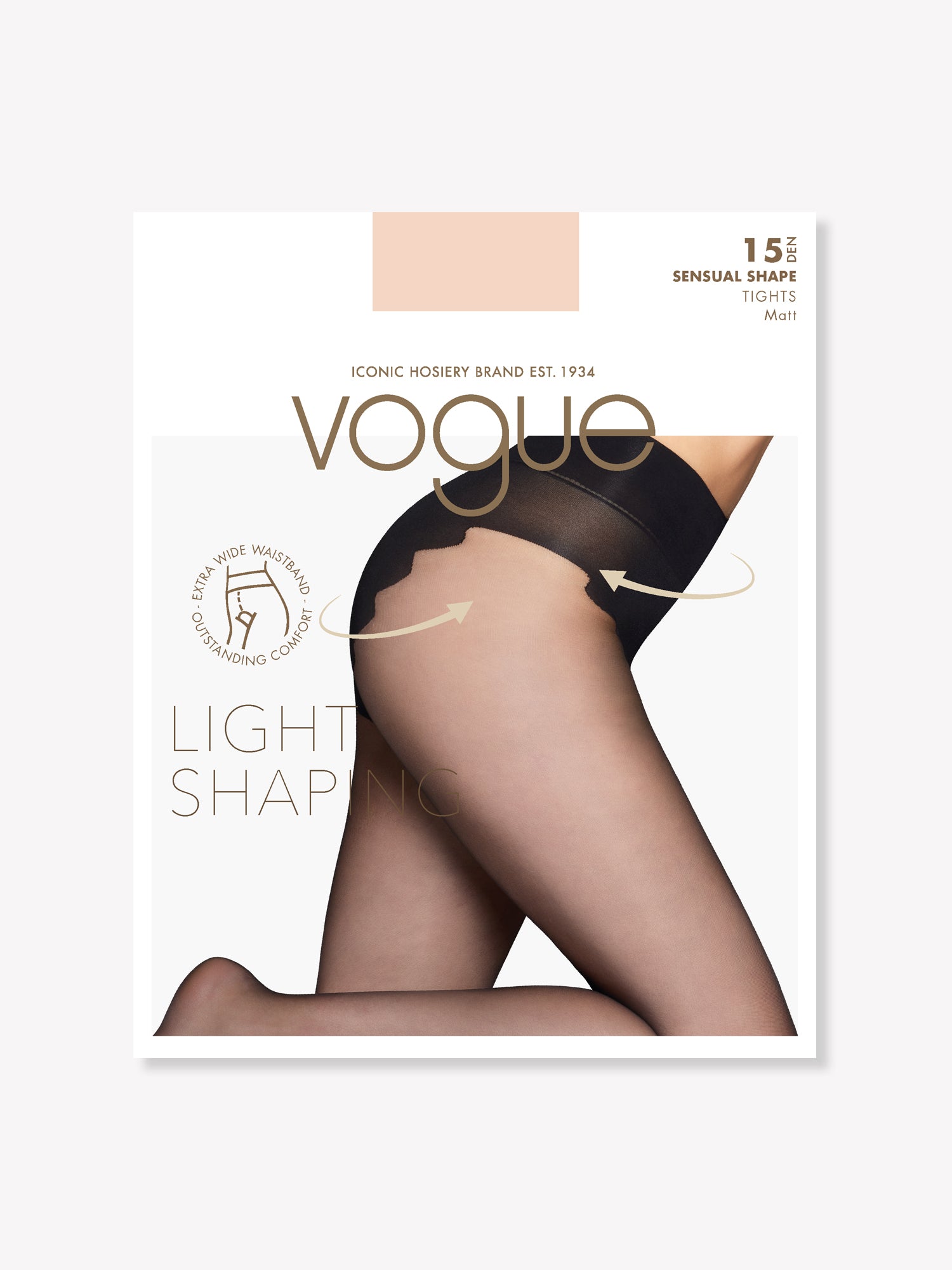 Vogue Sensual Shape 15 denier light shaping natural tights with a soft powdery finish and a light shaping bikini panty. product image of the package.