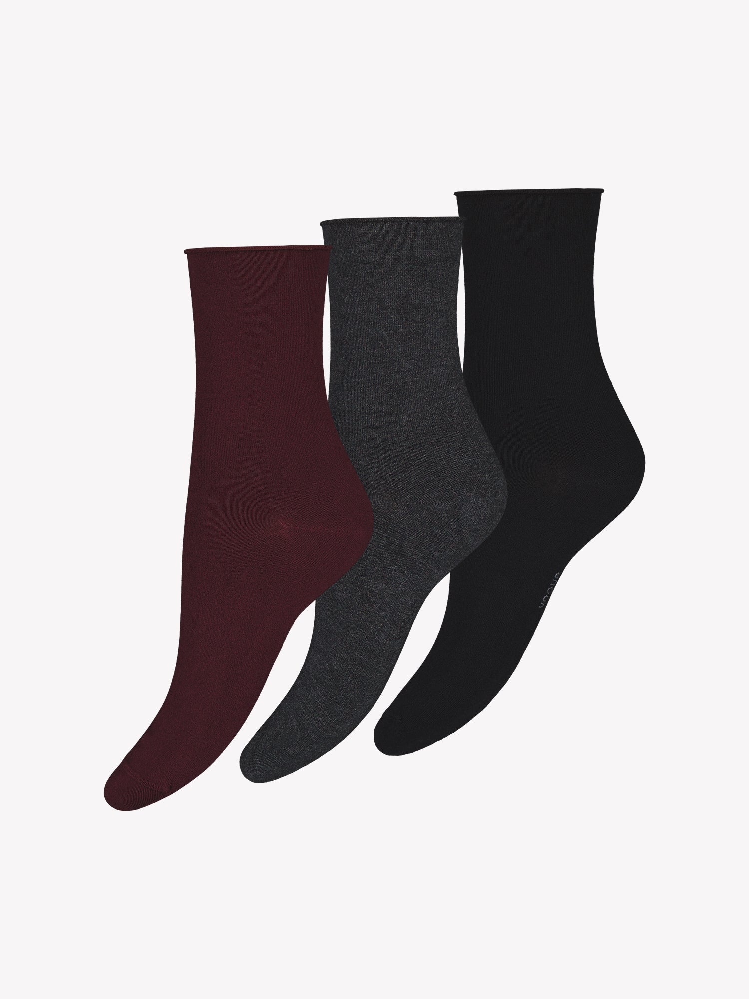 Vogue women's bamboo ankle socks in black, dark grey and burgundy in a product picture.